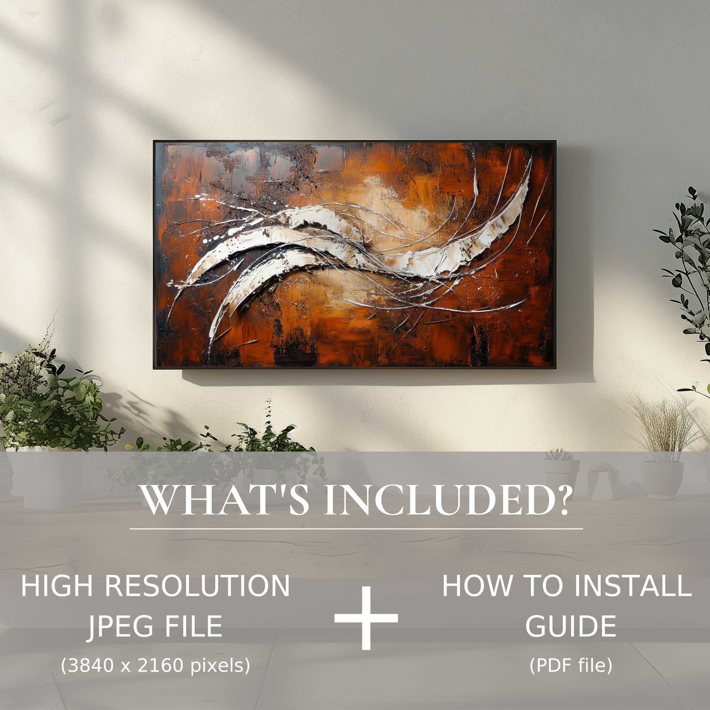 Modern digital TV art download in elegant living space; effortless digital use elevates style and ambiance