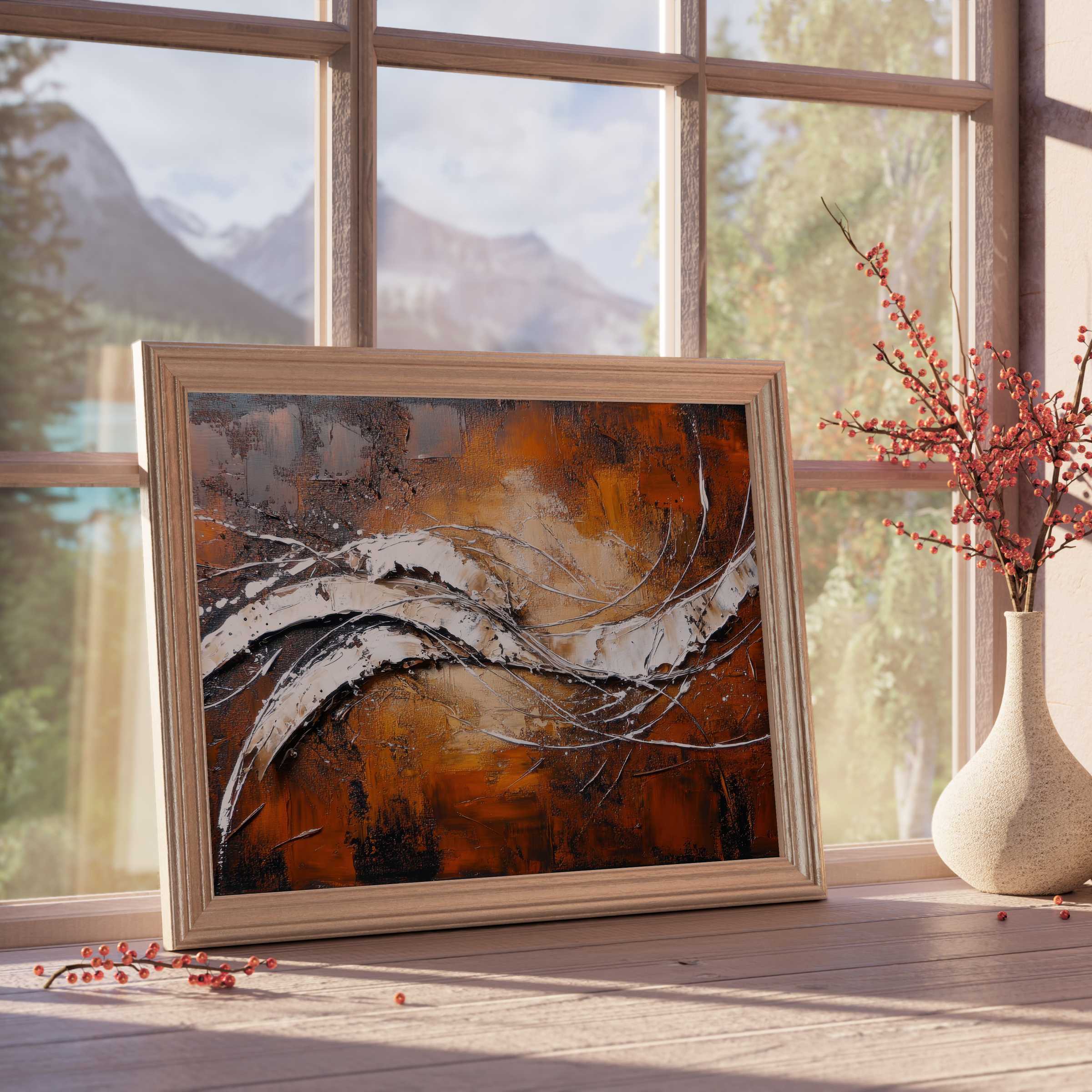 Modern downloadable art featuring textured rust and cream waves, enhancing serene, curated interiors with warm, organic elegance