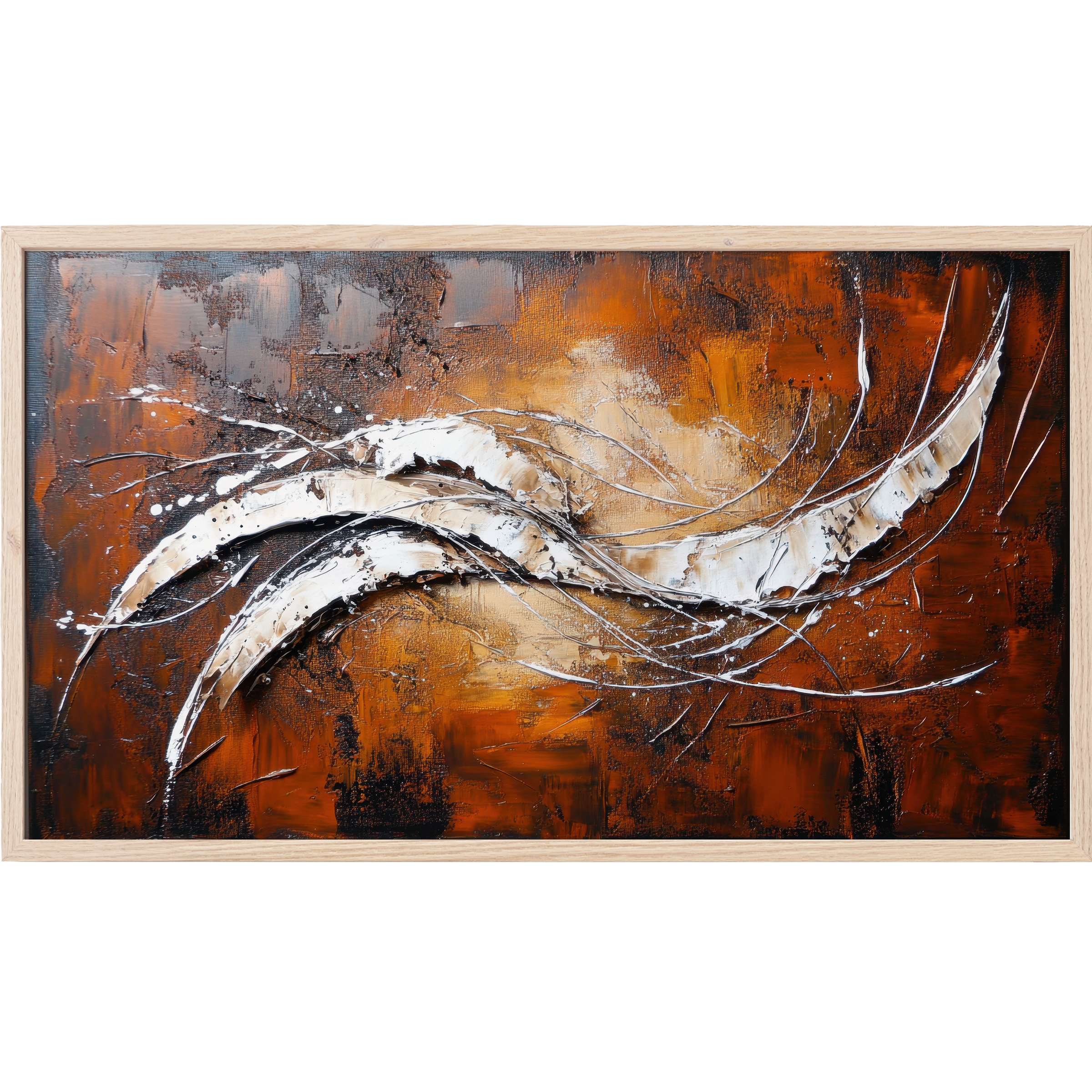 Modern Frame TV Art with textured white and black sweeping forms on a rich burnt orange and brown abstract background