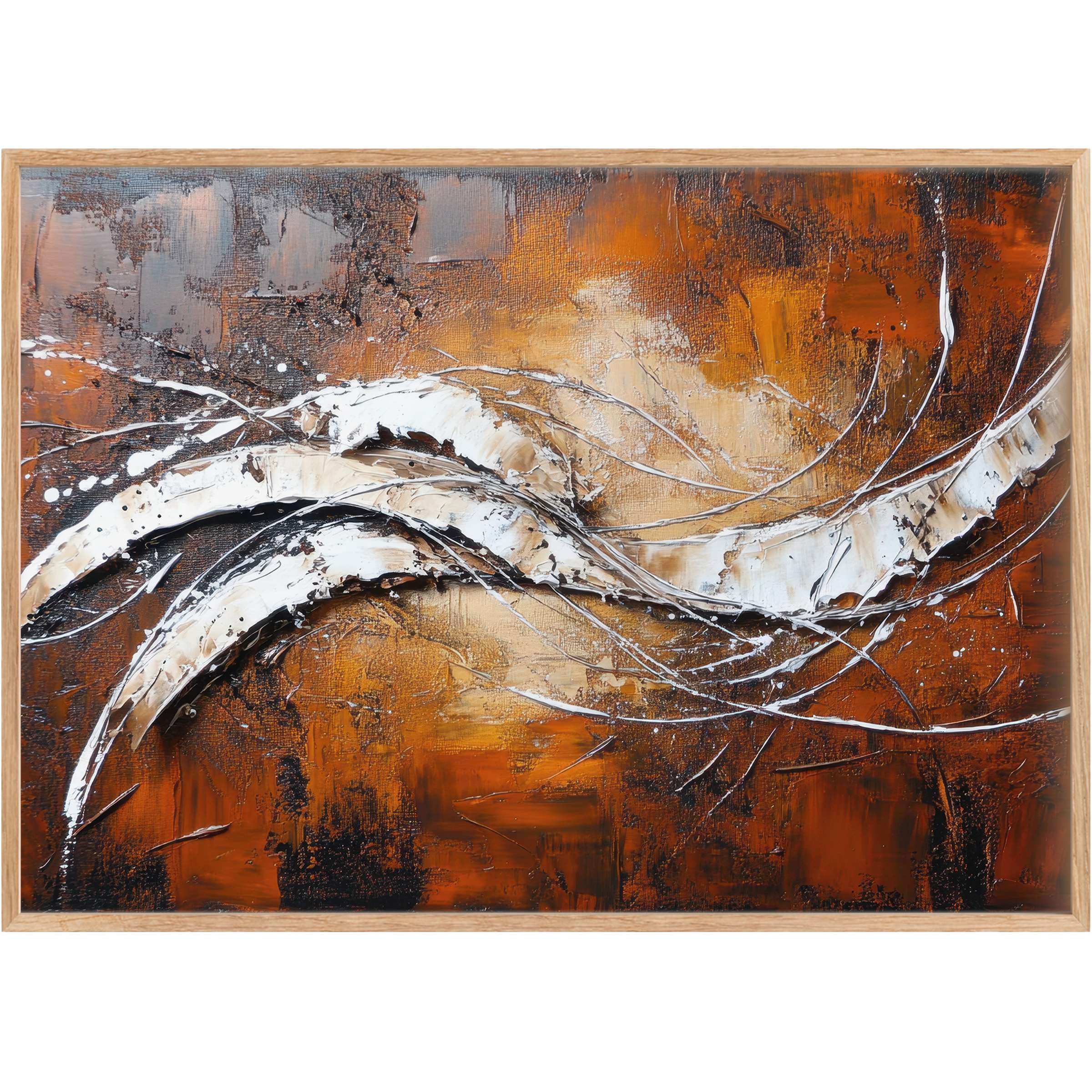 Modern printable wall art featuring dynamic ivory swirls on a textured amber and rust backdrop, evoking warmth and bold elegance