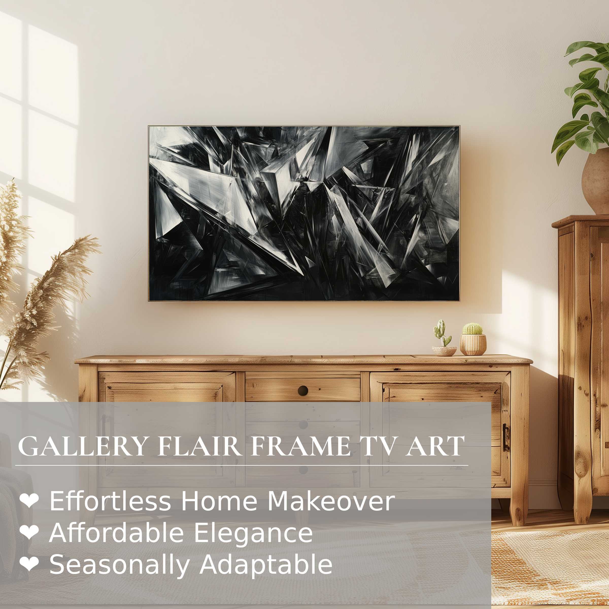 Samsung Frame TV displays striking black-and-white abstract digital artwork in a refined, sunlit living space