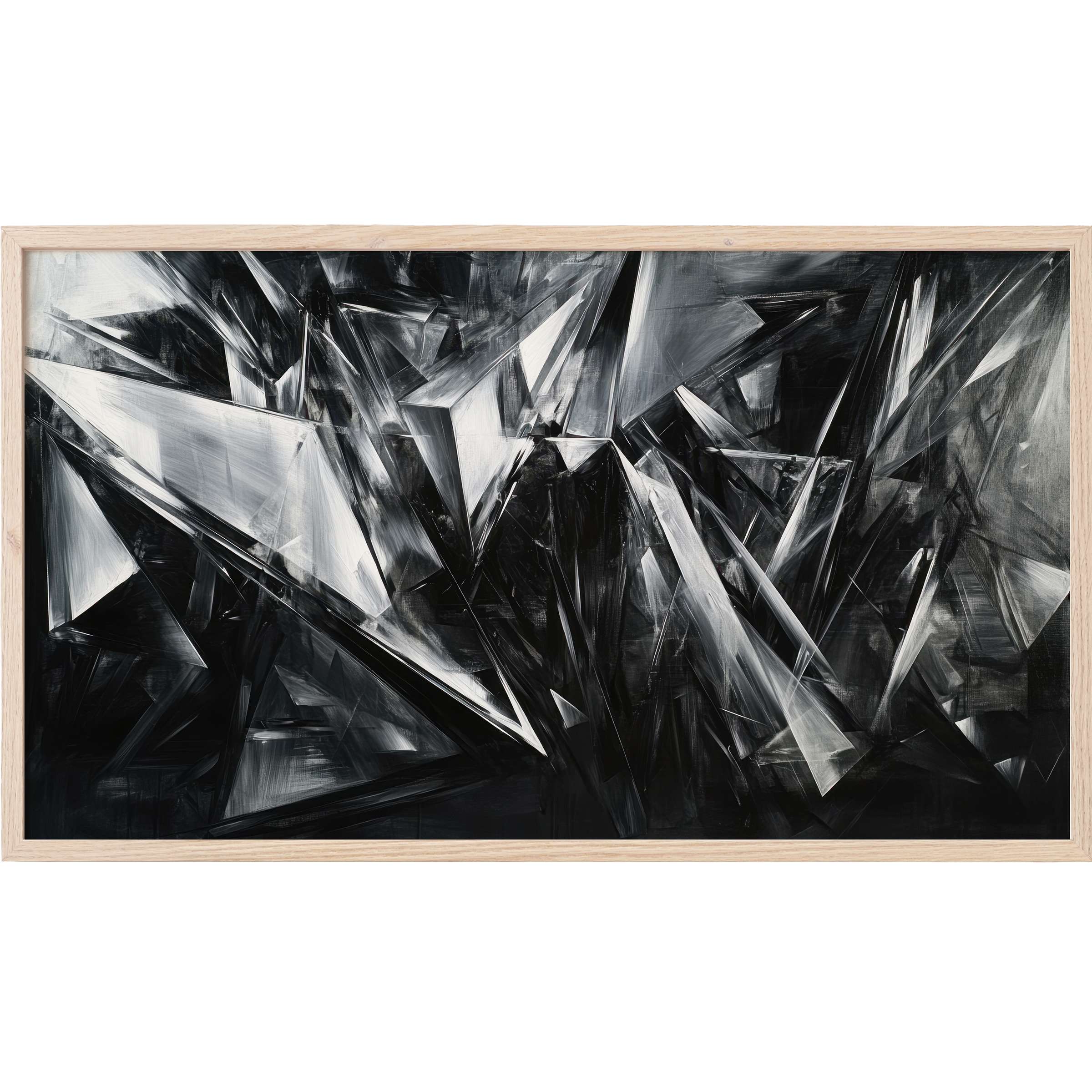 Dynamic black and white geometric shards with sharp contrasts, embodying sleek, abstract Frame TV Art style