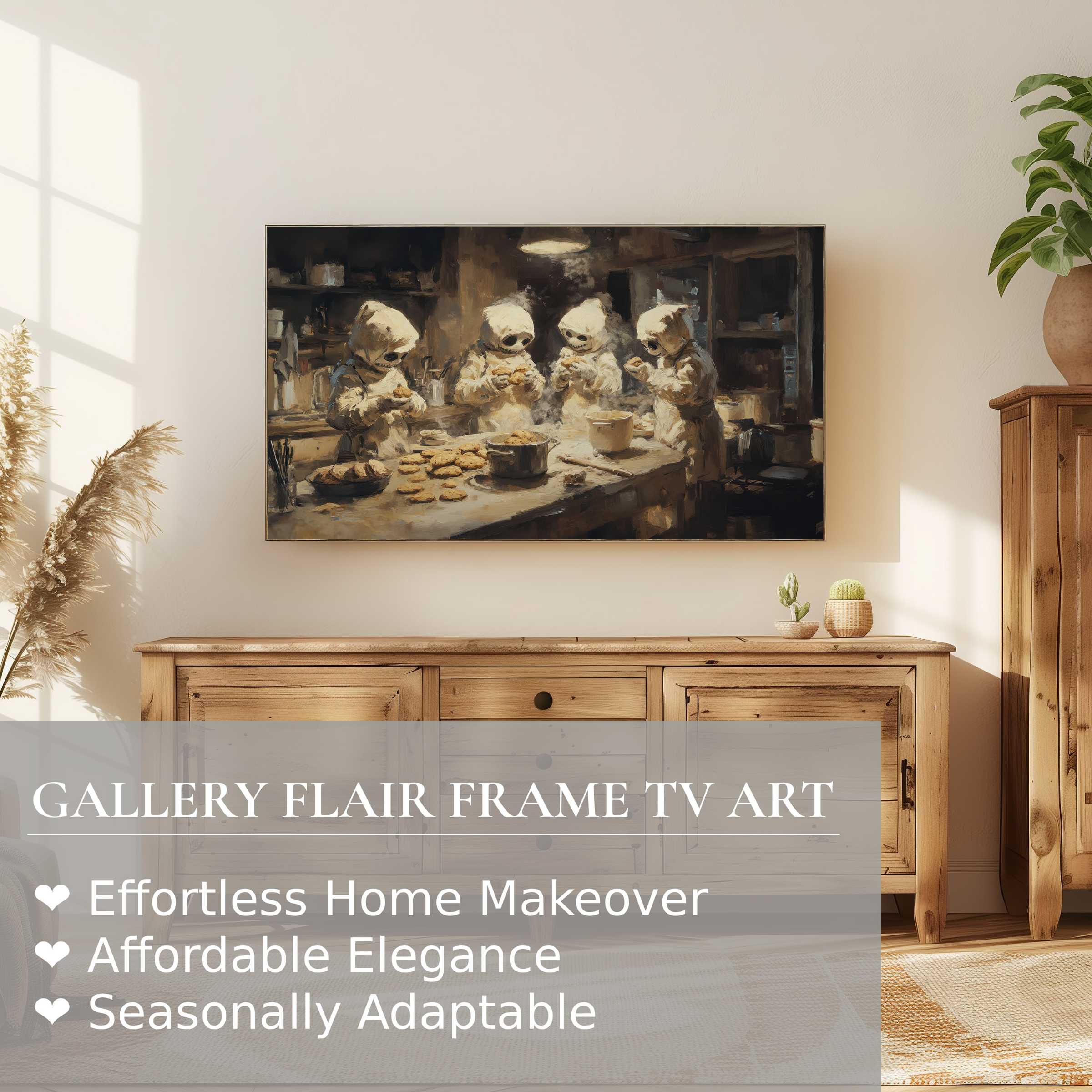 Halloween digital artwork of eerie chefs baking in muted tones on a Samsung Frame TV in a serene modern room