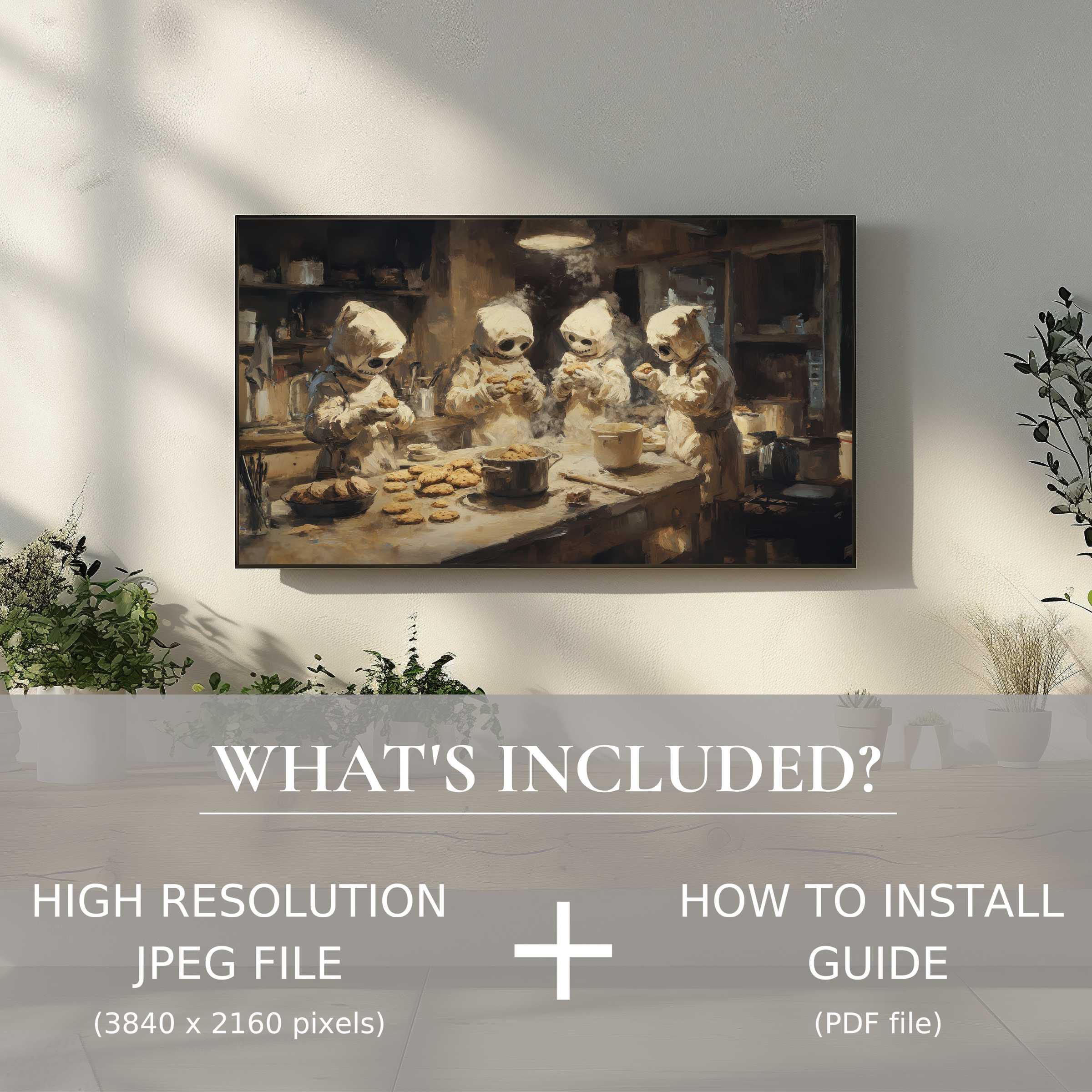 Elegant Halloween digital TV art download enhances modern living space with easy digital use and charming spooky kitchen scene