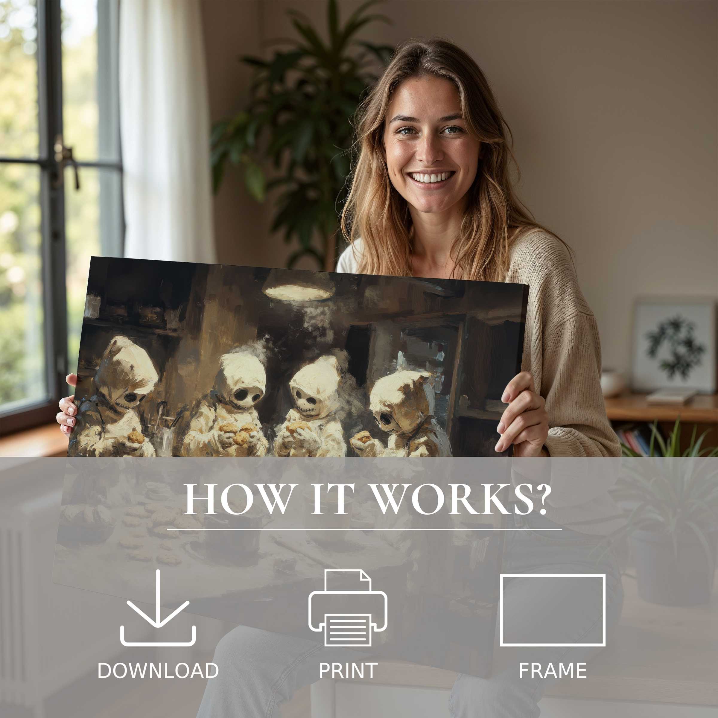 A serene moment embracing the joy of a Halloween digital art print, enriching a modern home with haunting warmth