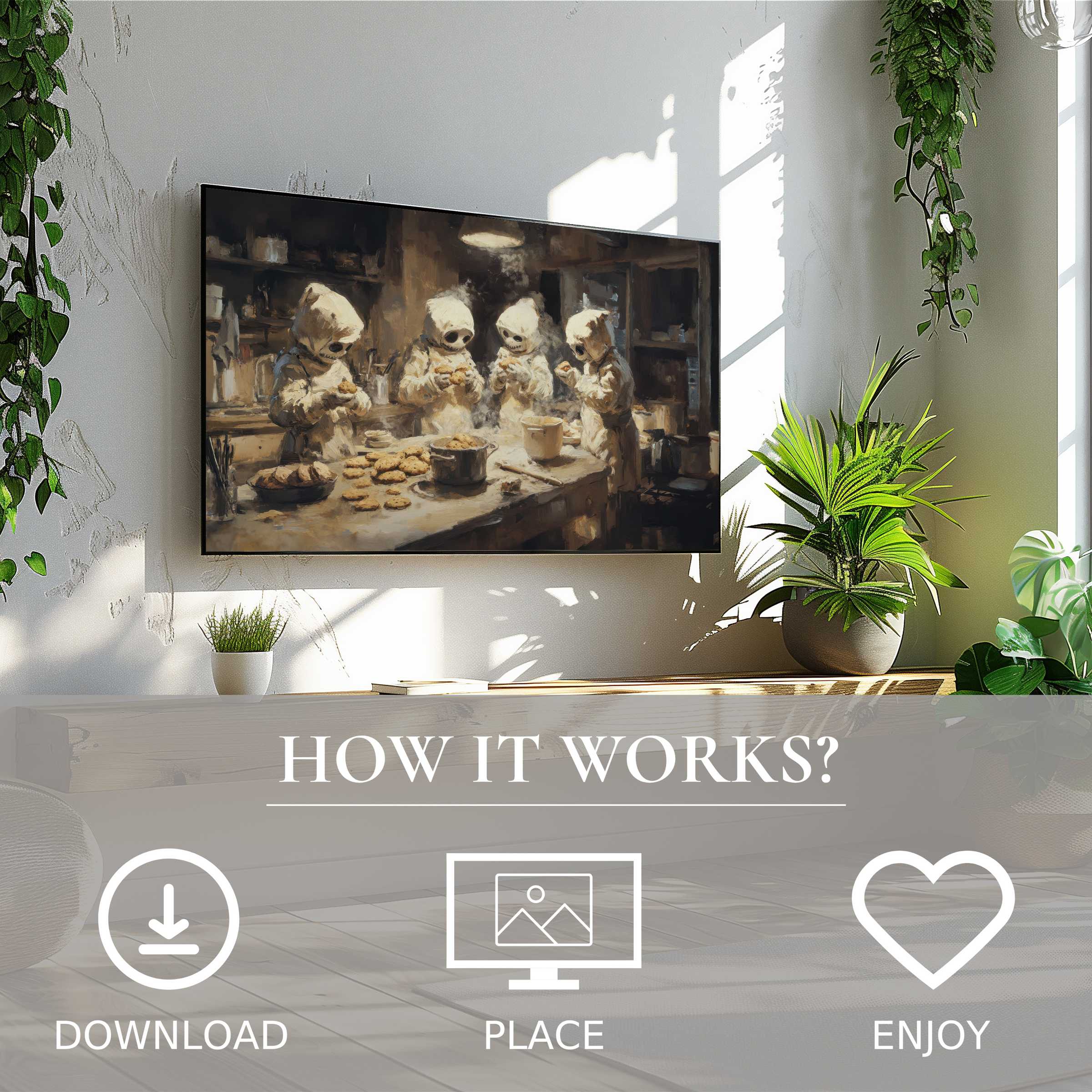 Modern living room with easy digital download, halloween art for Samsung TV shows spooky baking scene in warm sepia tones