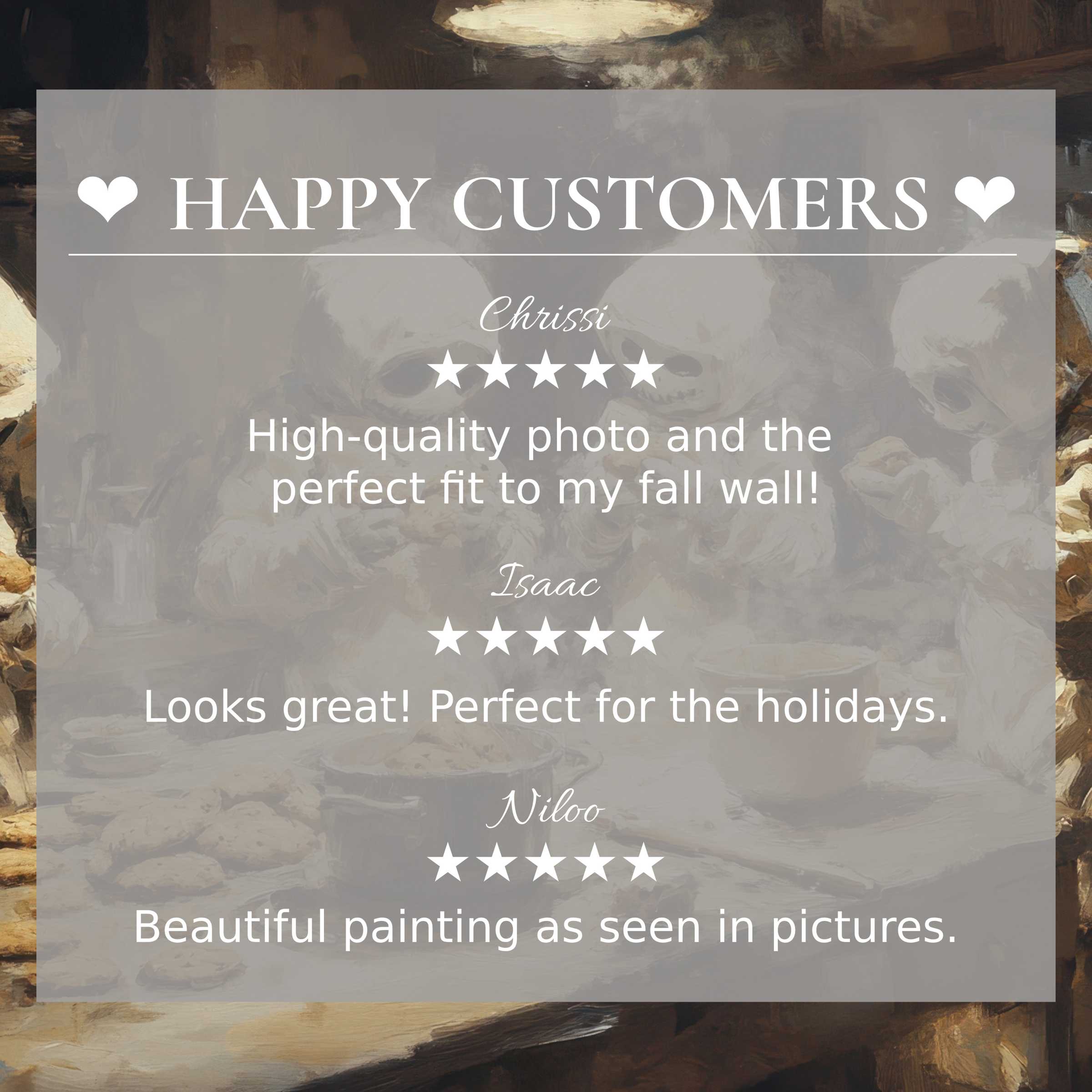 Elegant skull-themed background with glowing warm tones; halloween art for Frame TV and happy customer reviews build trust