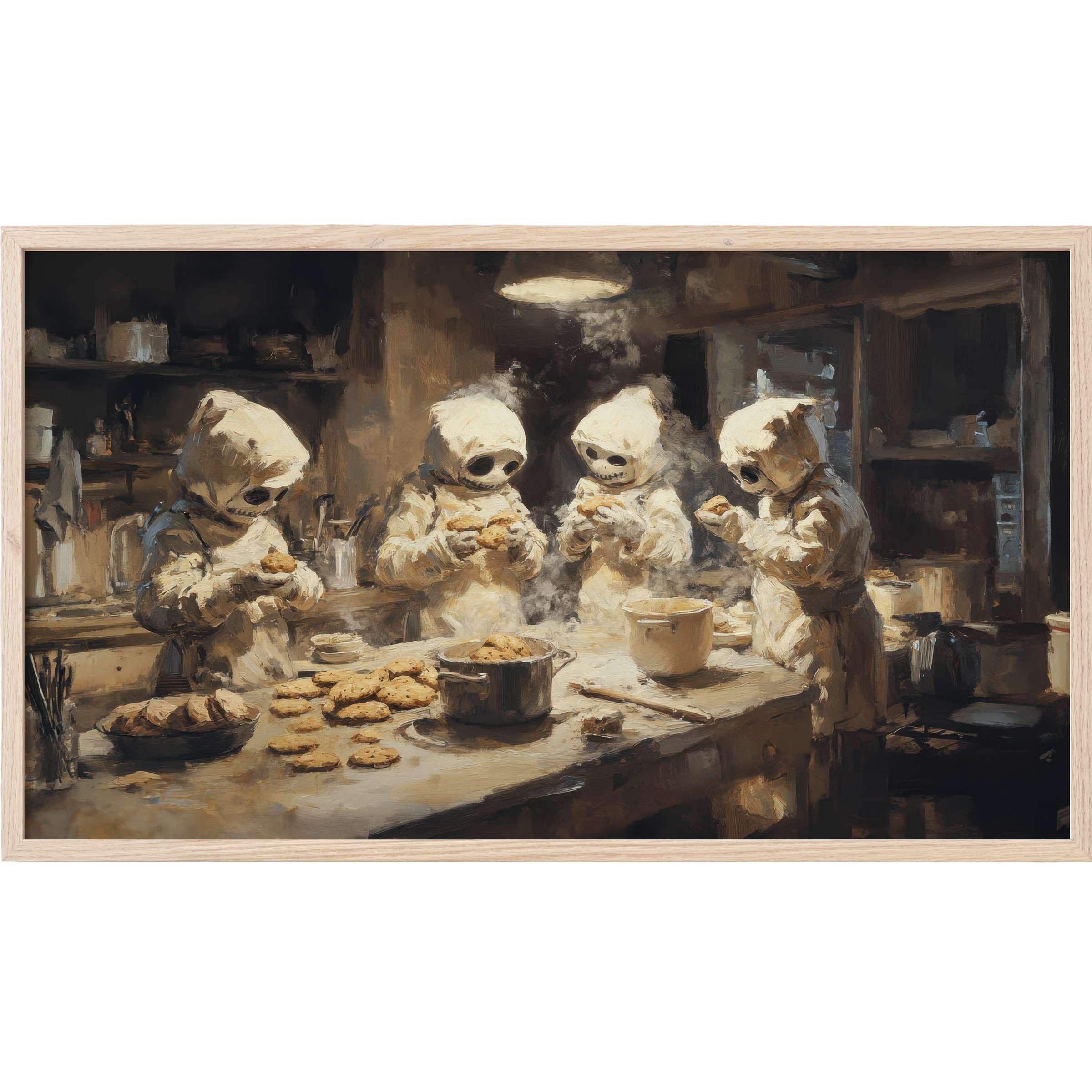 Halloween Frame TV Art depicting whimsical skeleton bakers in warm, muted tones with vintage charm and soft shadows