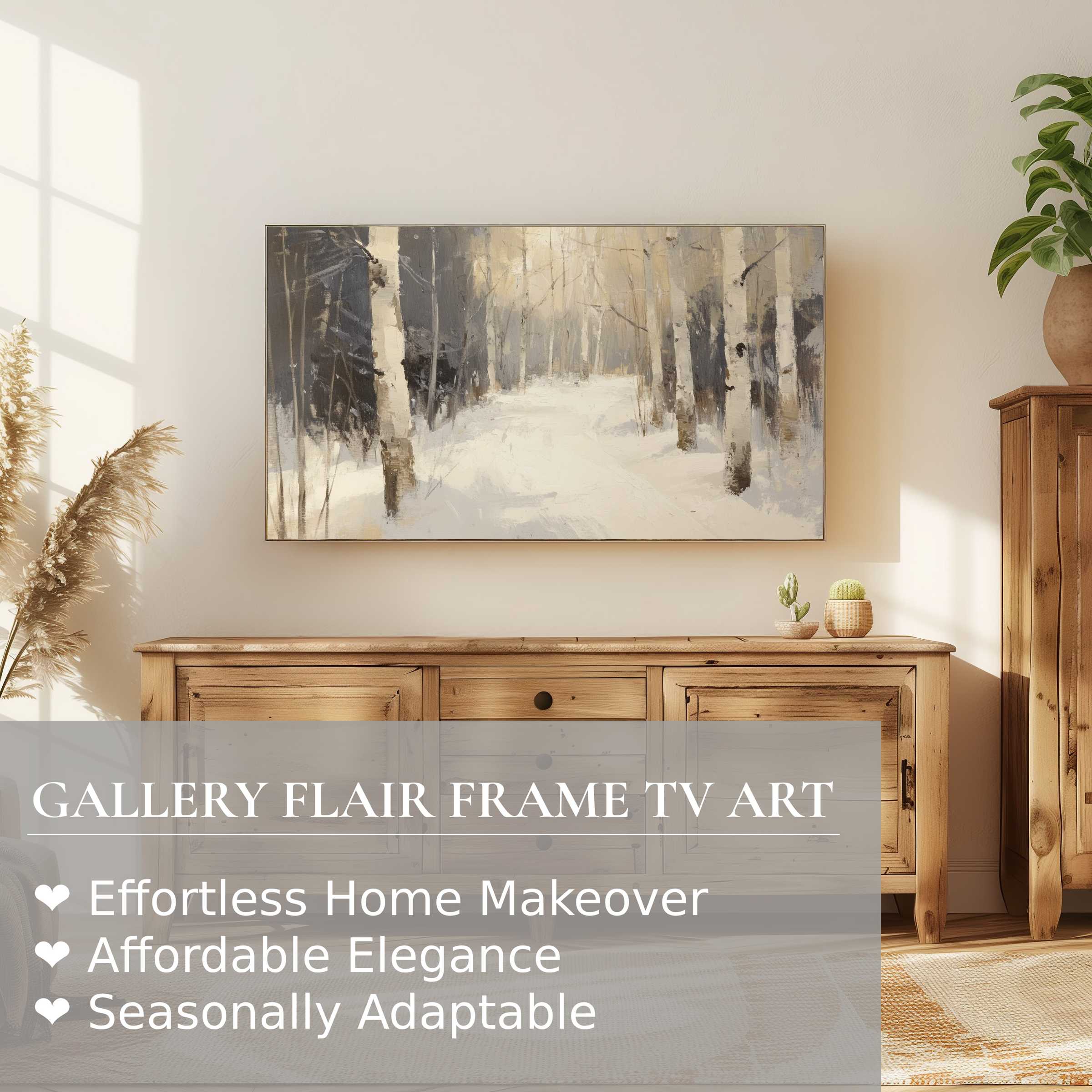 Samsung Frame TV showcases a muted tree digital artwork in a serene, modern living space with warm wood tones