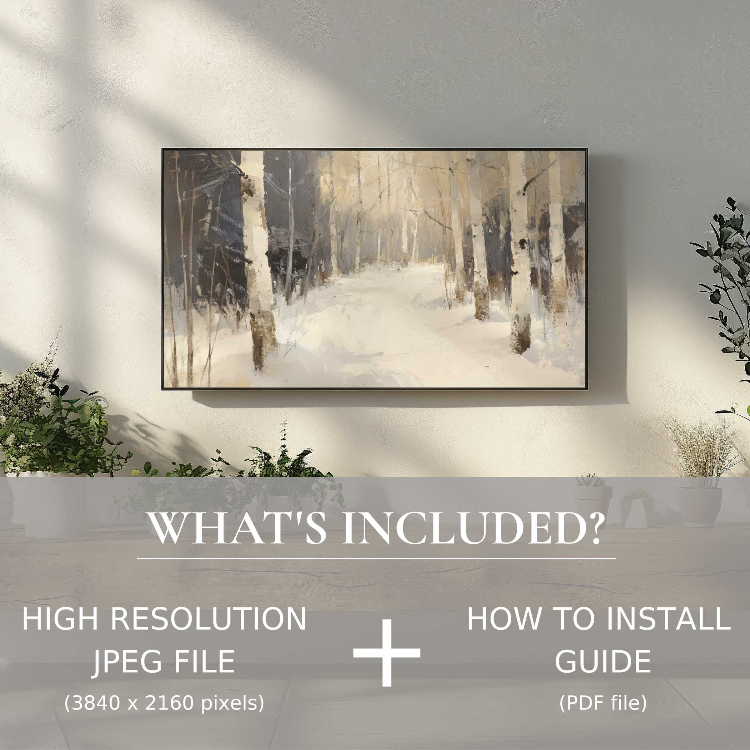 Elegant winter forest scene displayed as tree digital TV art download, effortlessly enhancing your modern living space