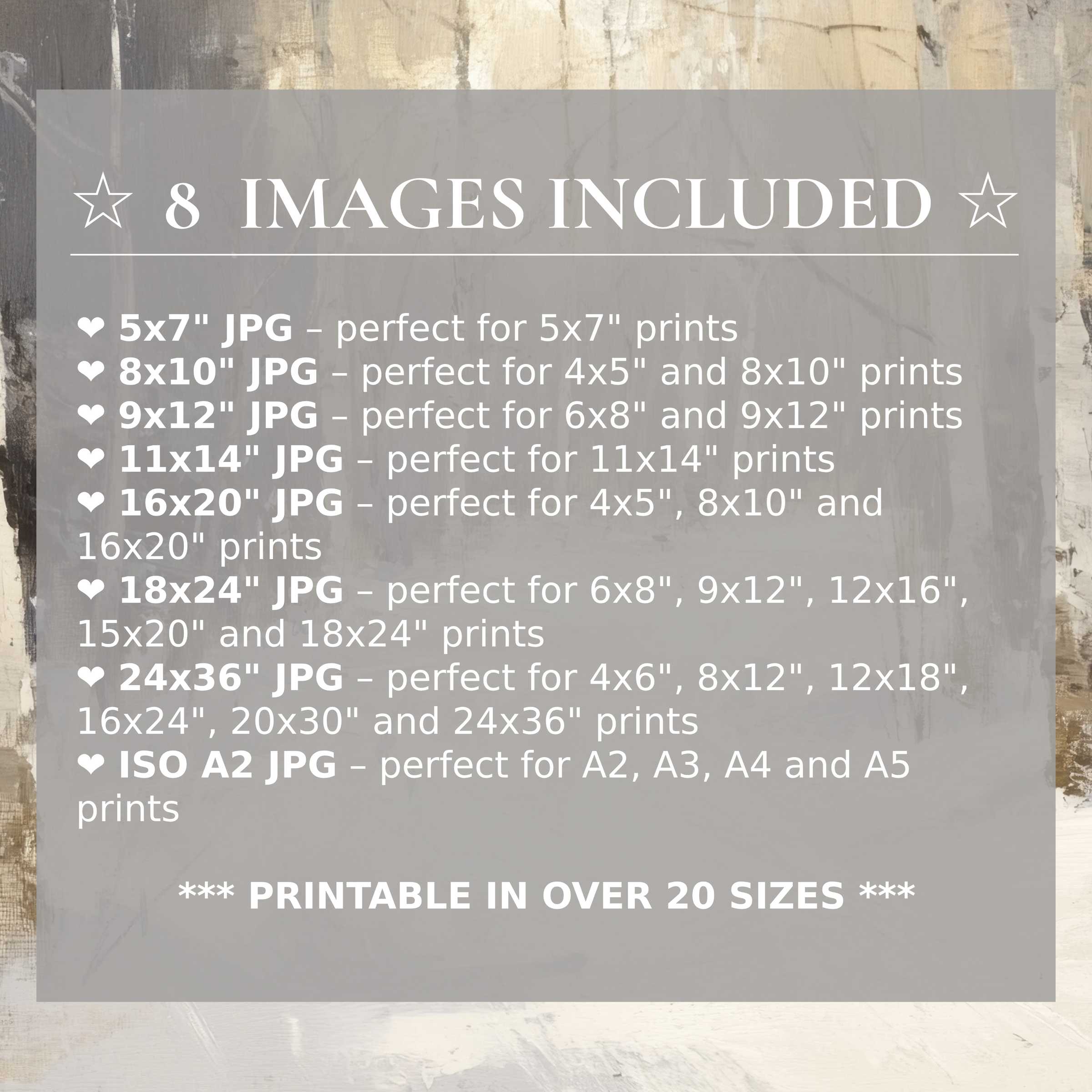 Print size guide showing 8 included JPG formats for versatile wall art printing – perfect for framing in popular sizes from 5x7 to 24x36 and A2