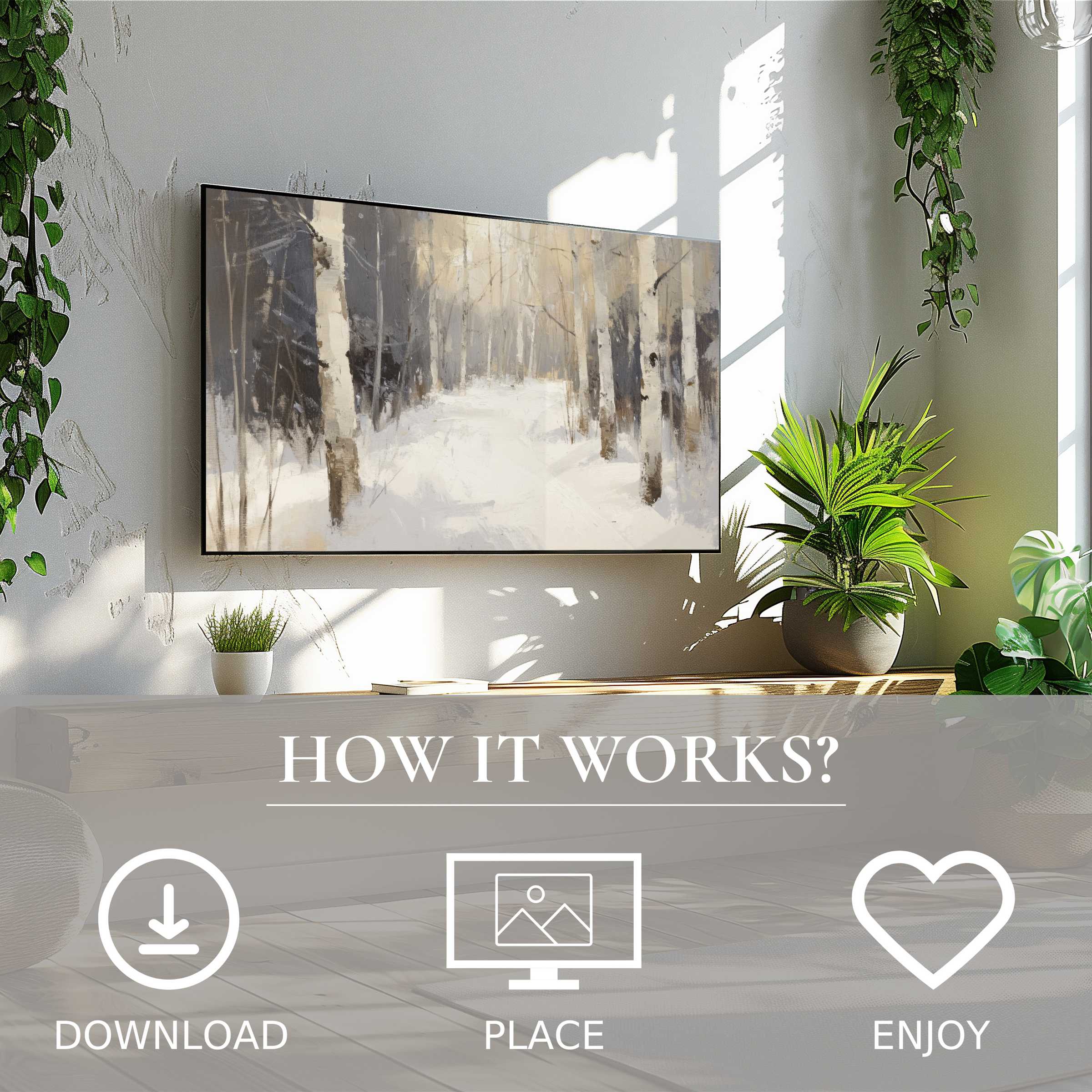 Tree art for Samsung TV shows muted winter woods; easy digital download enriches modern living spaces with calm