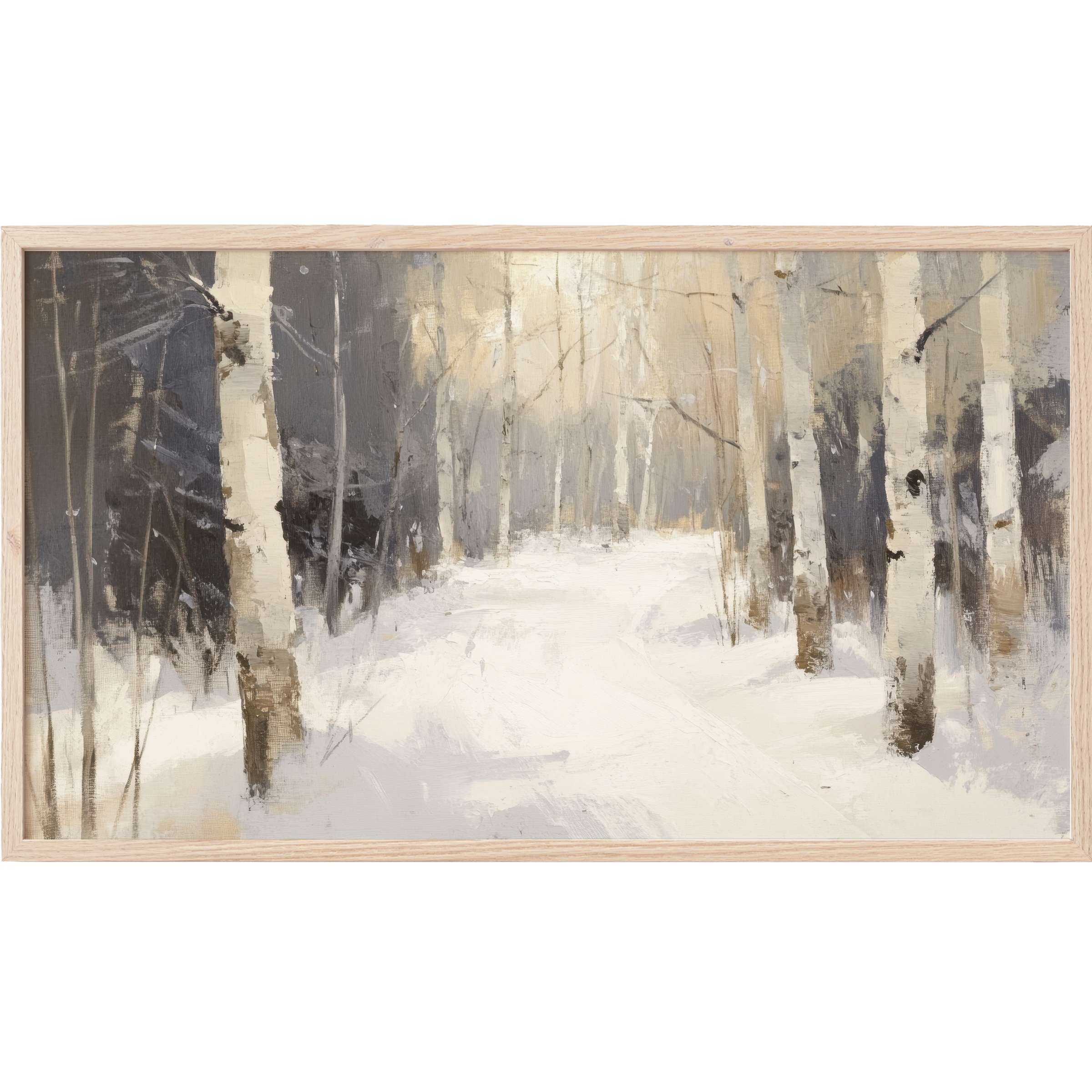 Serene birch forest in muted grays and creams with soft snow, perfect tree Frame TV Art for modern decor