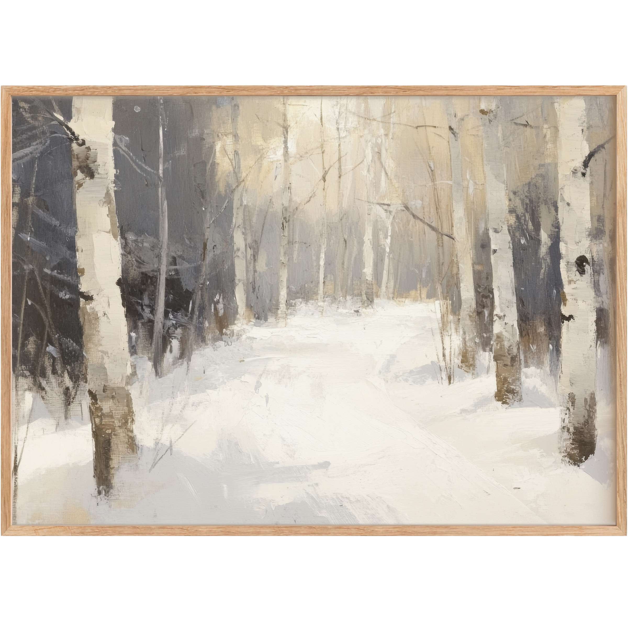 Serene tree printable wall art capturing a tranquil birch forest in muted grays and soft creams, evoking calm and refined elegance