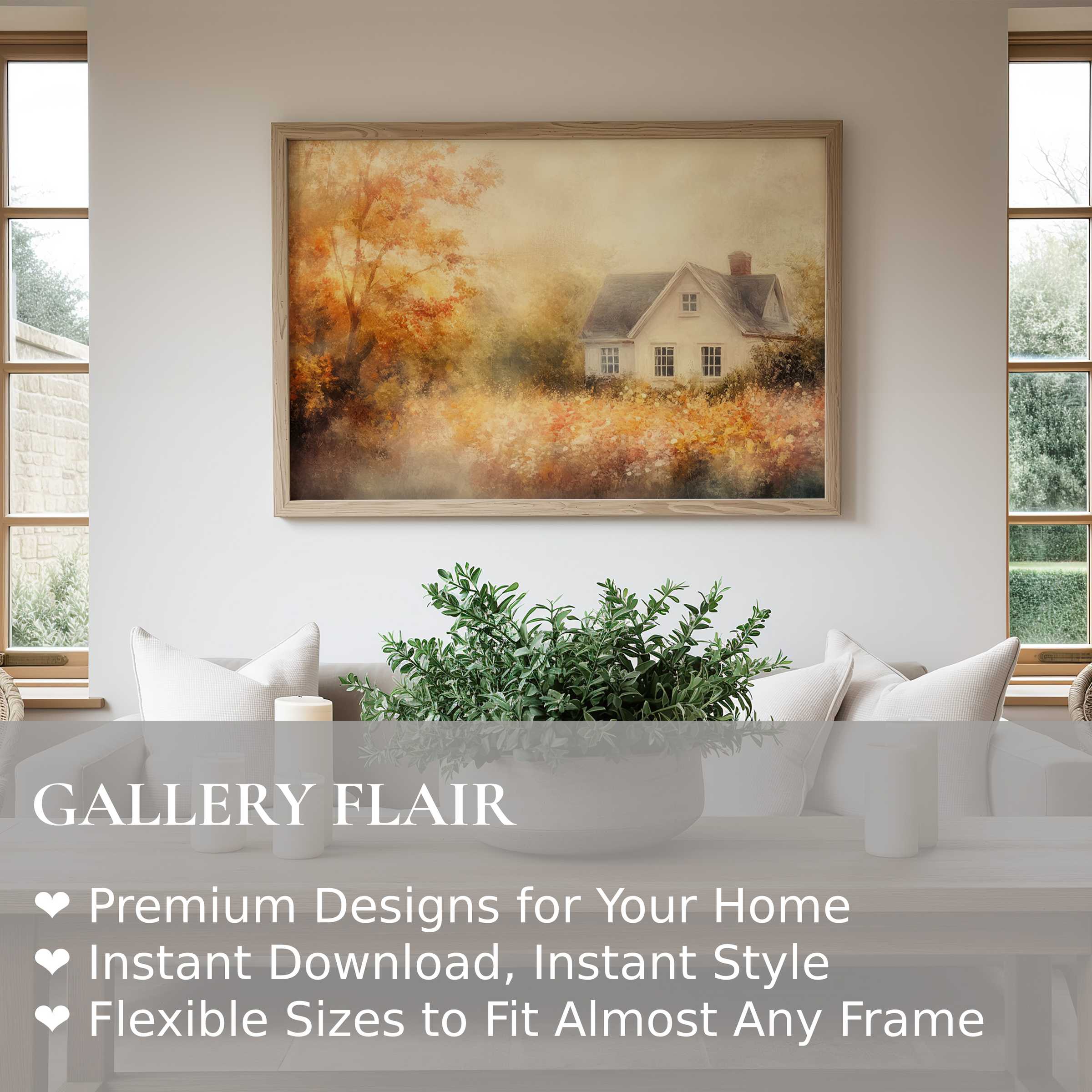 Fall wall art print featuring a radiant autumn landscape with a cozy home, enhancing serene modern farmhouse interiors