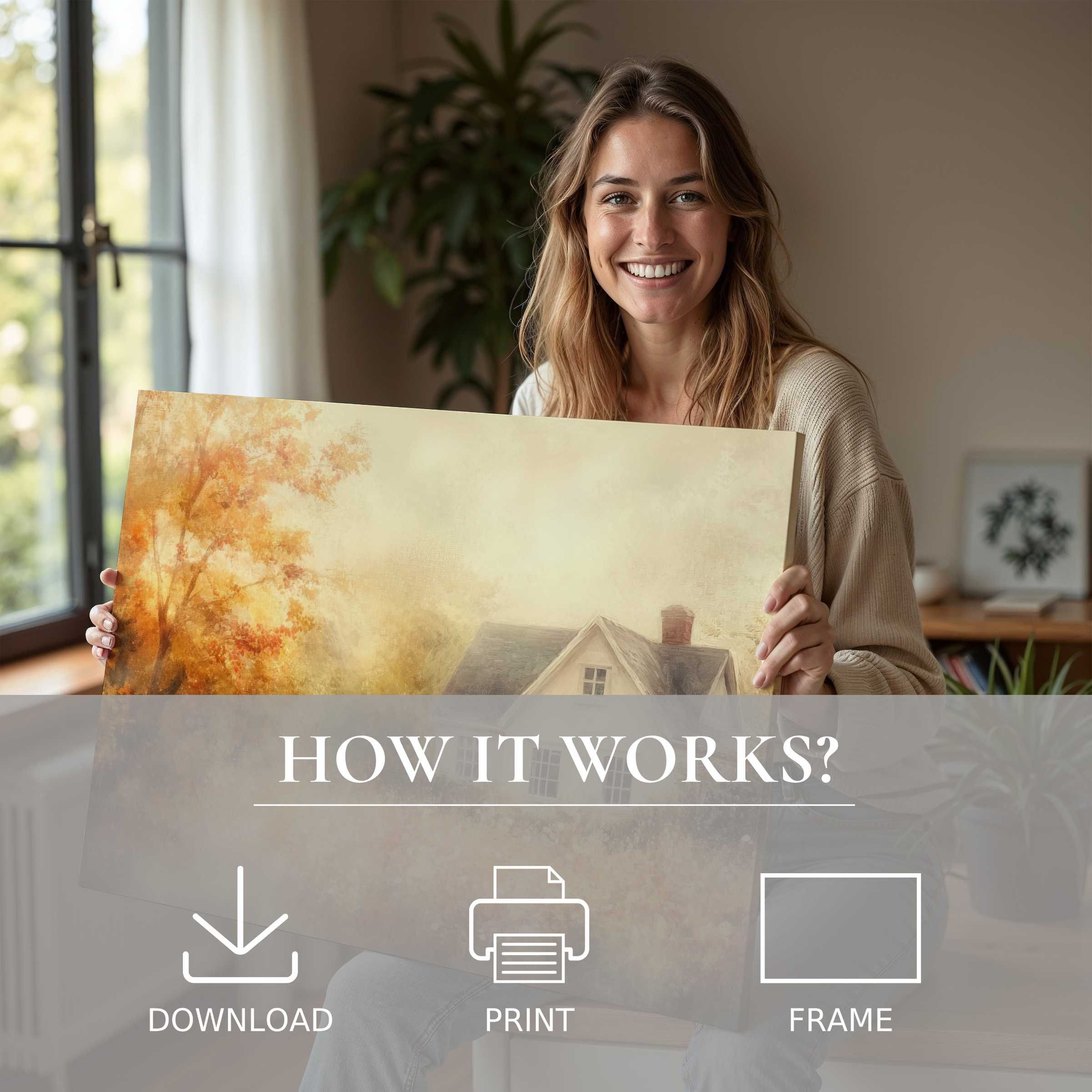 Sunlit fall digital art print embraced in a serene modern home, evoking warmth, joy, and effortless living with art
