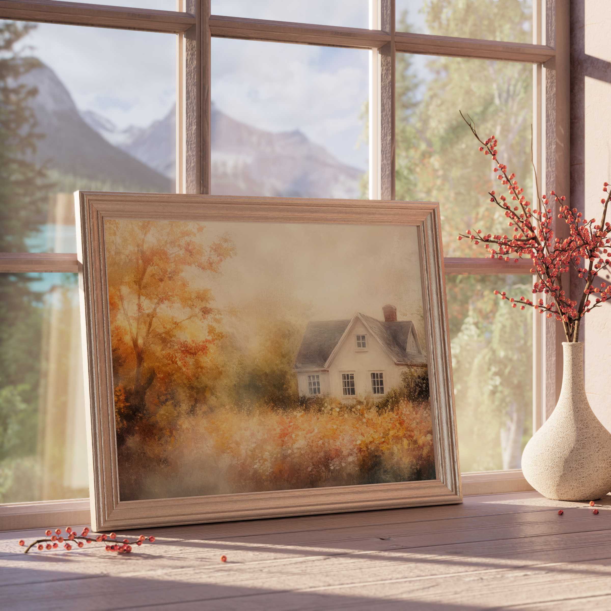 Fall downloadable art capturing a serene countryside home, framed in warm hues enhancing elegant, tranquil interiors