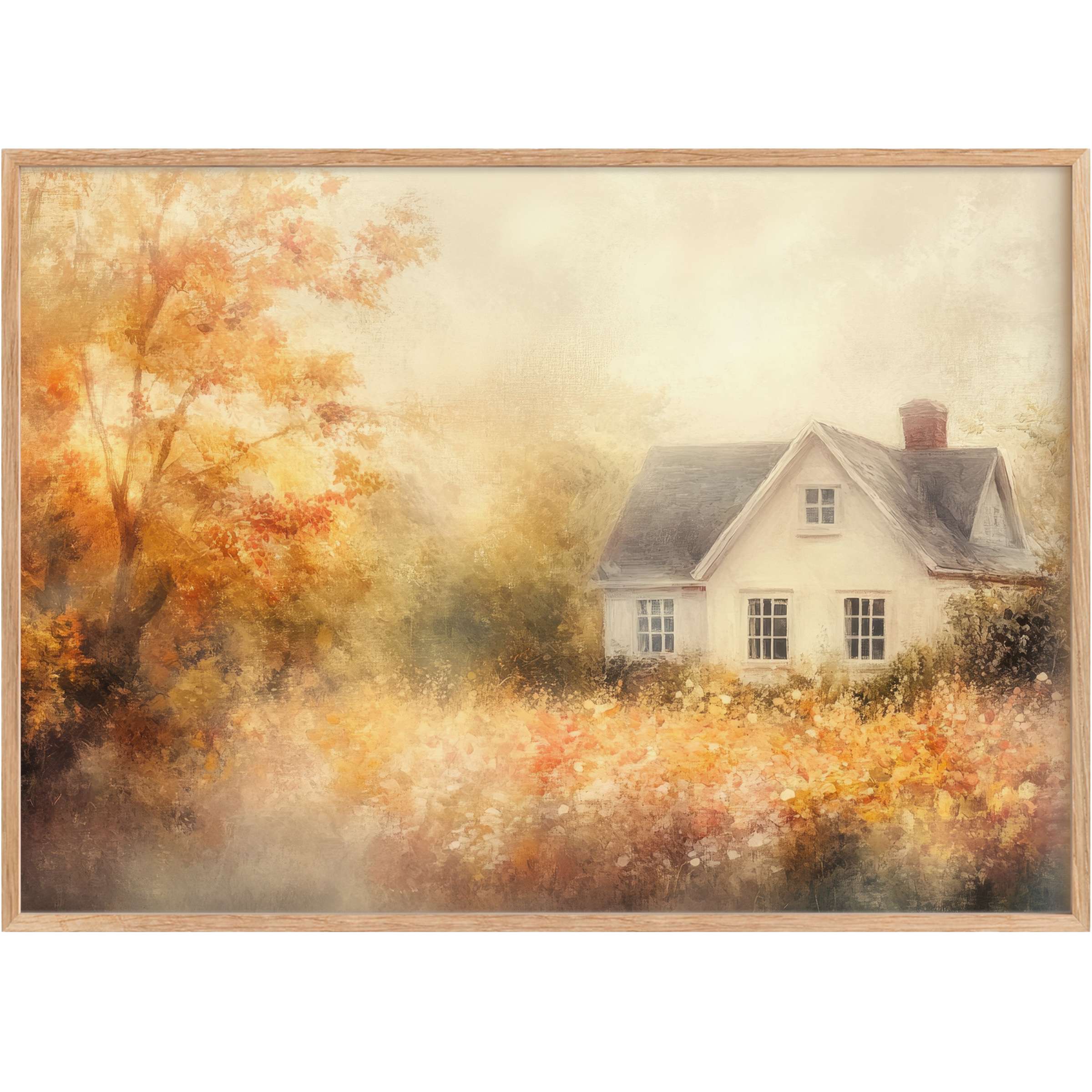 Fall printable wall art capturing a serene countryside retreat, bathed in warm amber and soft gold hues for a tranquil, inviting ambiance