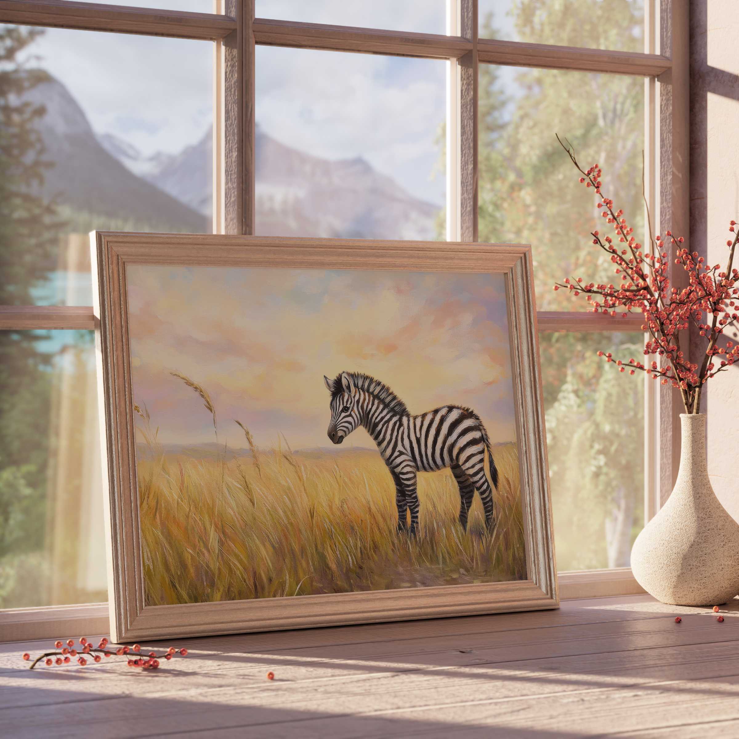 Nursery downloadable art featuring a serene baby zebra in golden savannah light, perfect for calm, curated children’s rooms