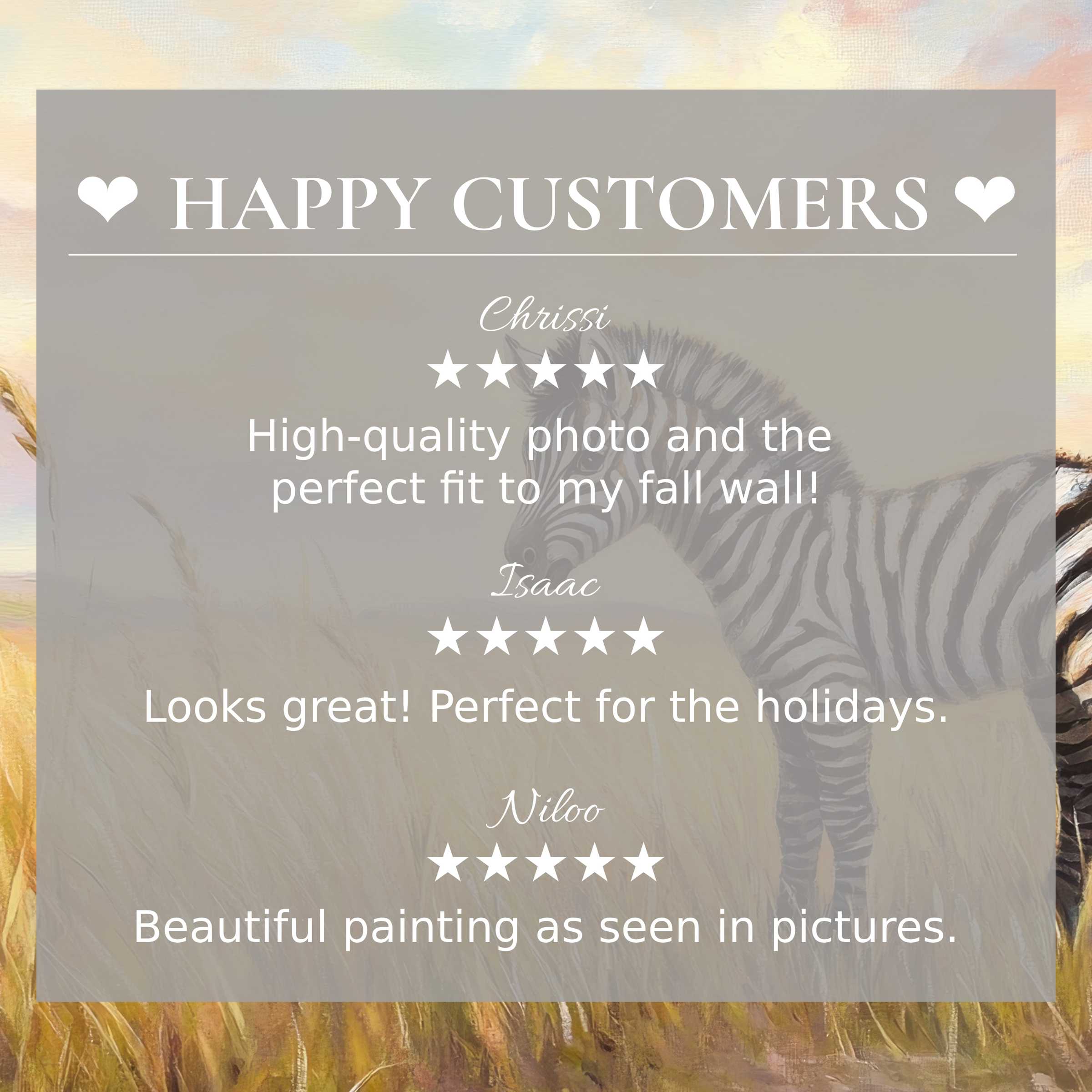 nursery art for Frame TV with abstract sunset hues, elegant zebra motif, and happy customer reviews building trust