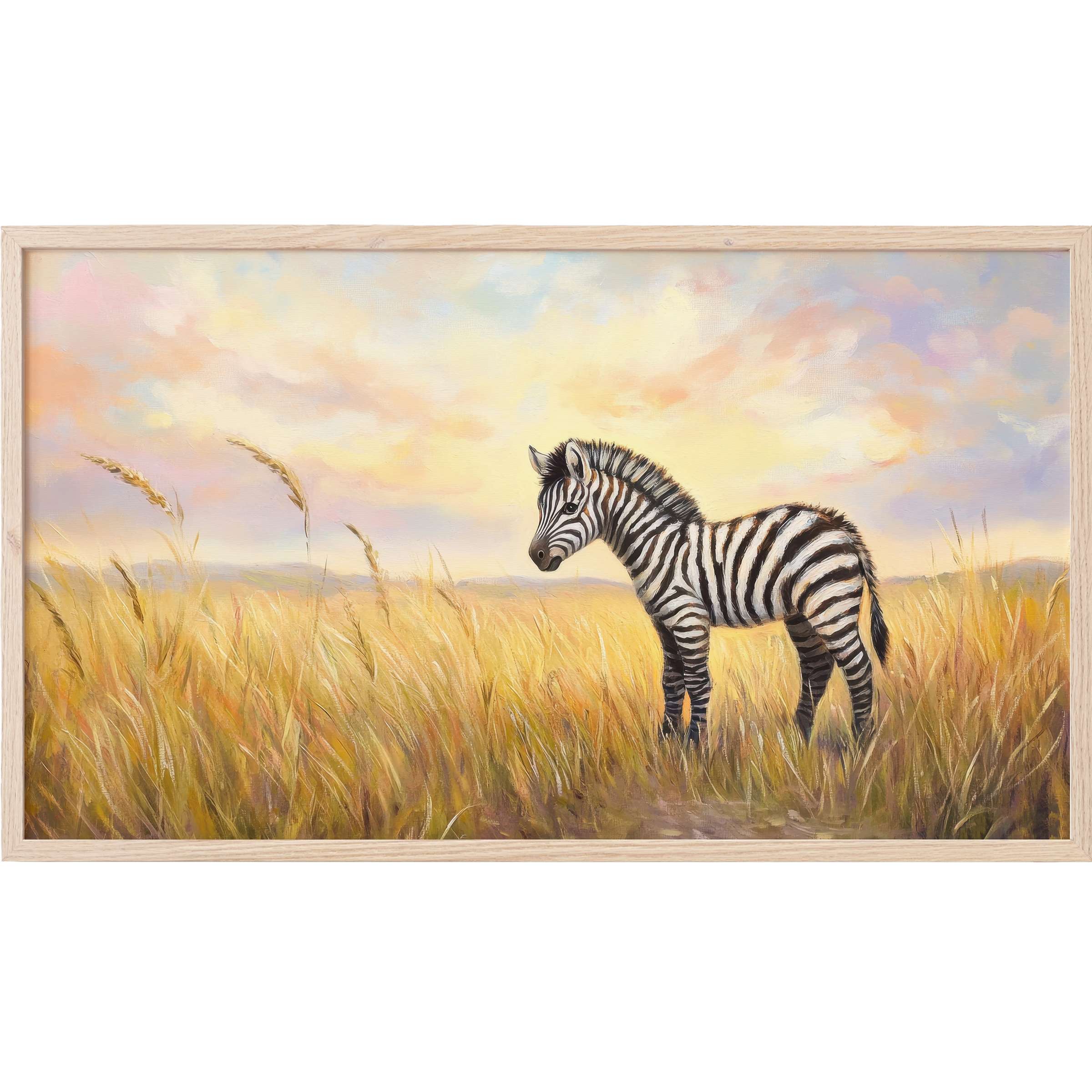 Nursery Frame TV Art of a delicate zebra foal in golden grass under a soft pastel sky, modern and serene