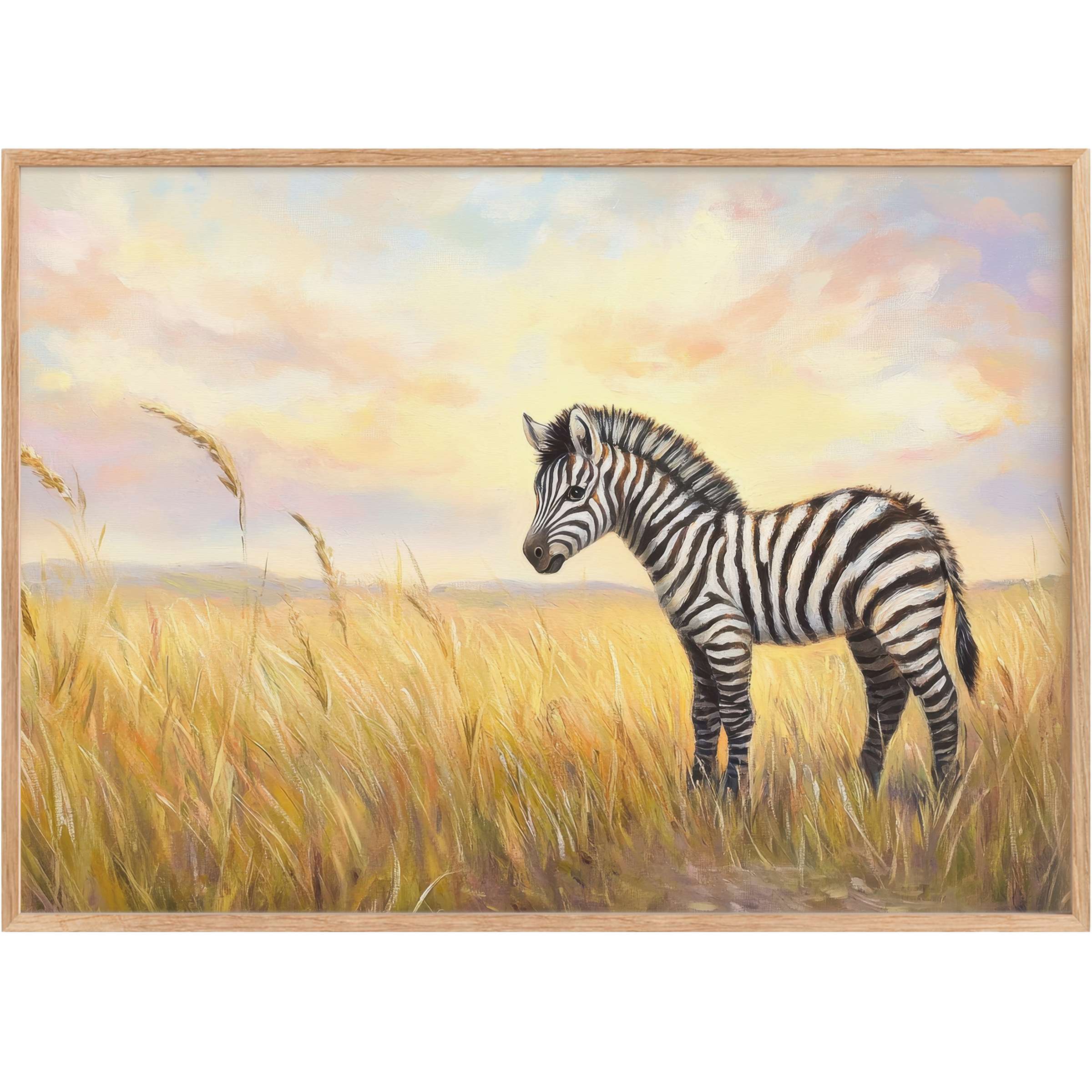 Charming nursery printable wall art capturing a gentle zebra foal amid golden fields, bathed in a soft, warm sunrise glow