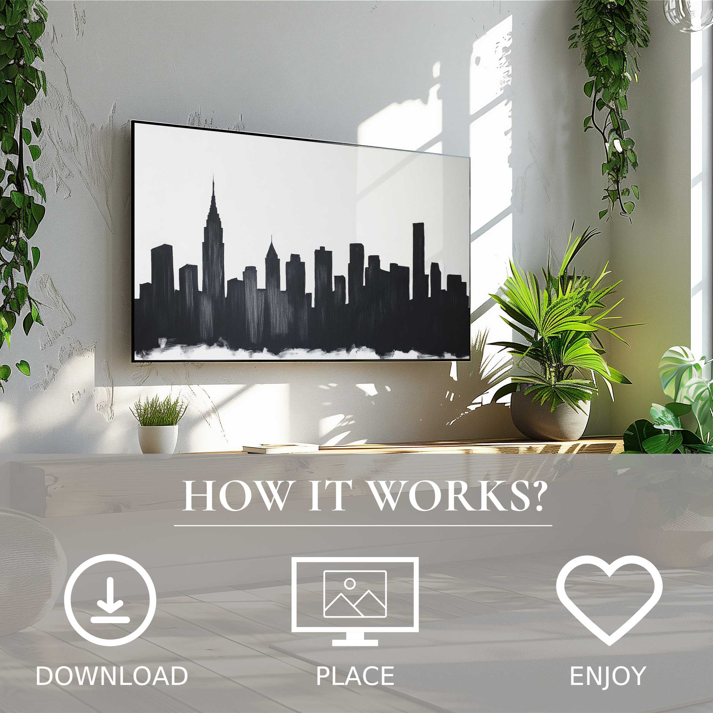 Modern living room with black and white art for Samsung TV showing a sleek city skyline Easy digital download