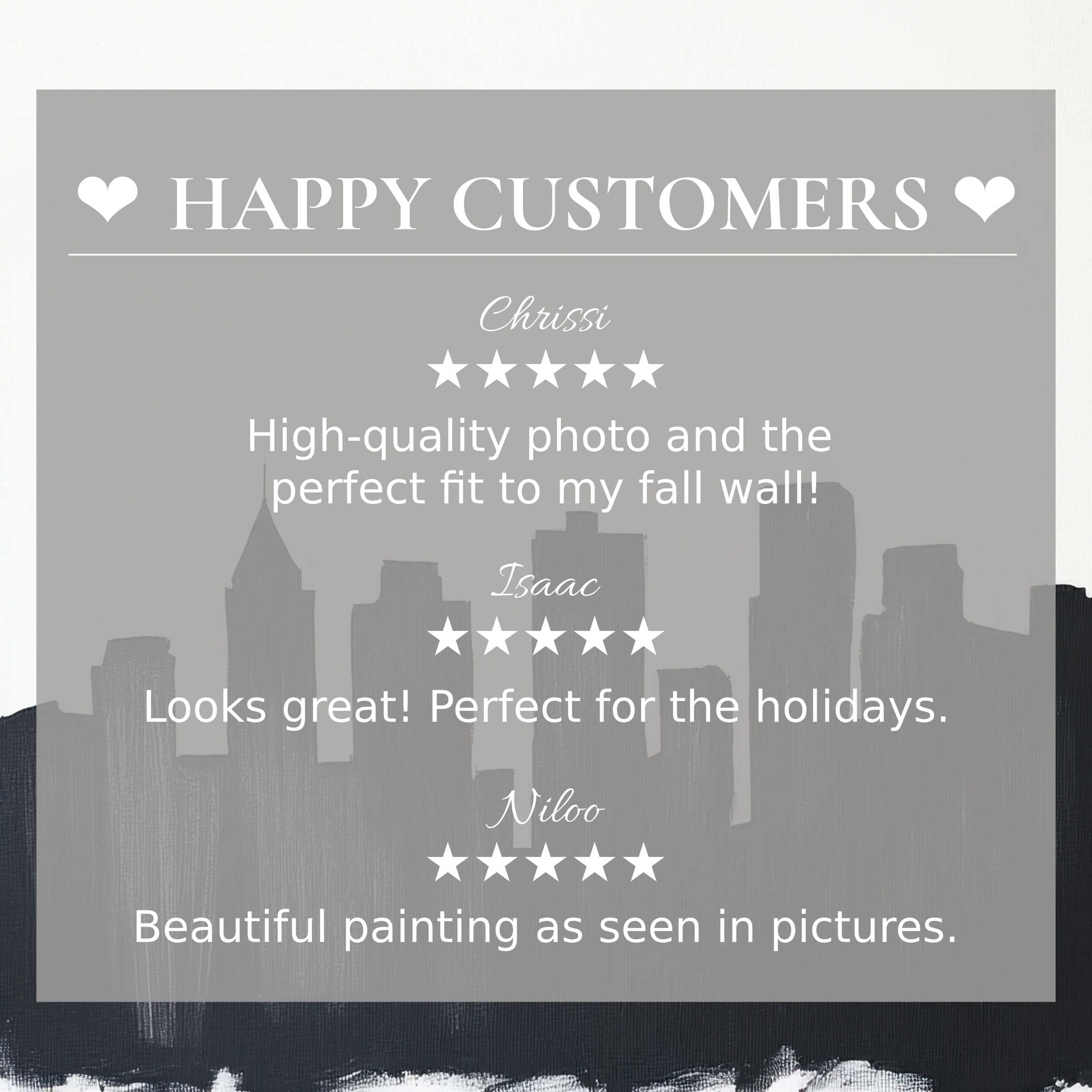 Black and white art for Frame TV with city skyline background highlights happy customer reviews and elegant trust-building design