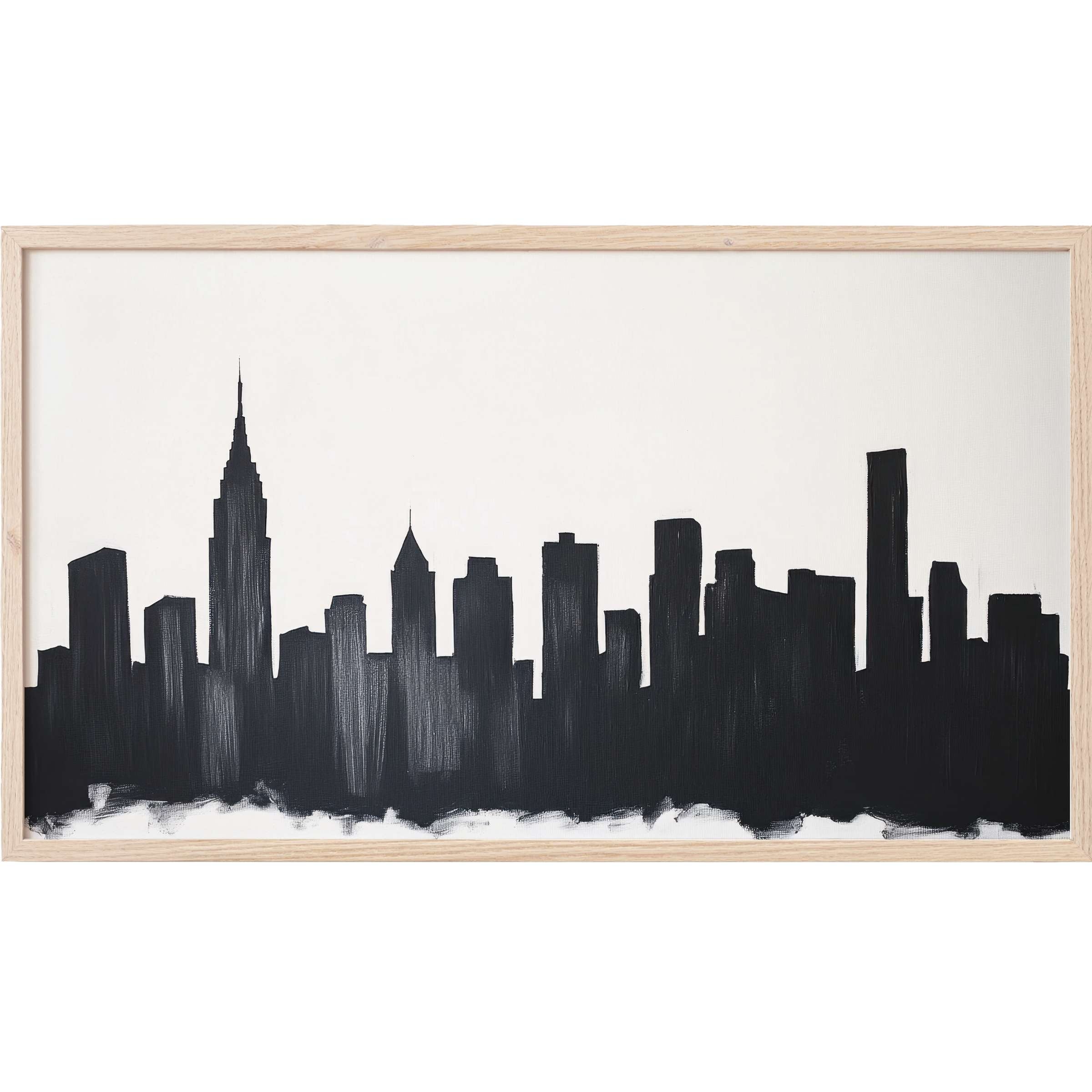 Minimalist black and white Frame TV Art depicting a sleek city skyline with textured brushstrokes and light wood frame
