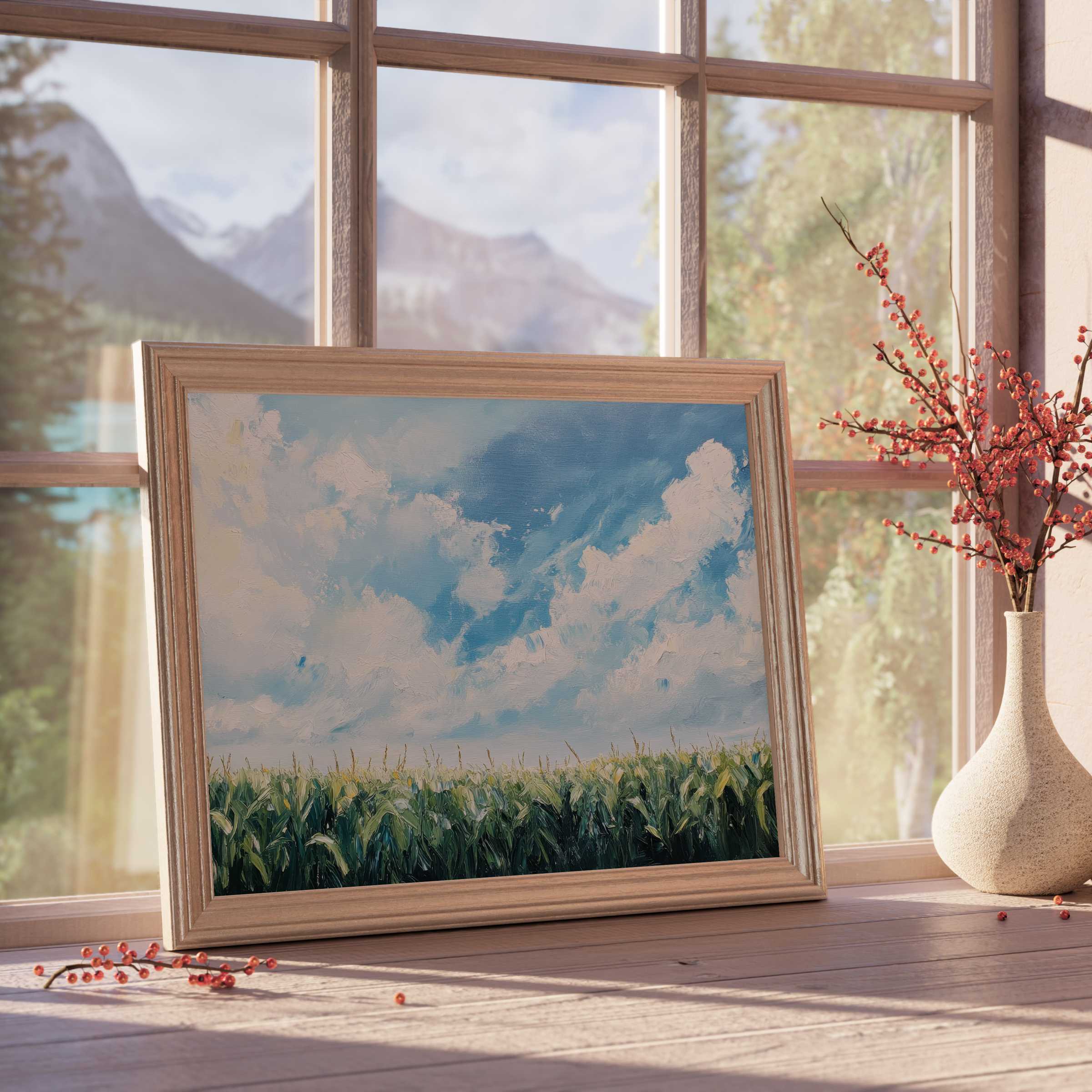 Farmhouse downloadable art capturing serene cornfields beneath a soft blue sky, perfect for tranquil, curated interiors