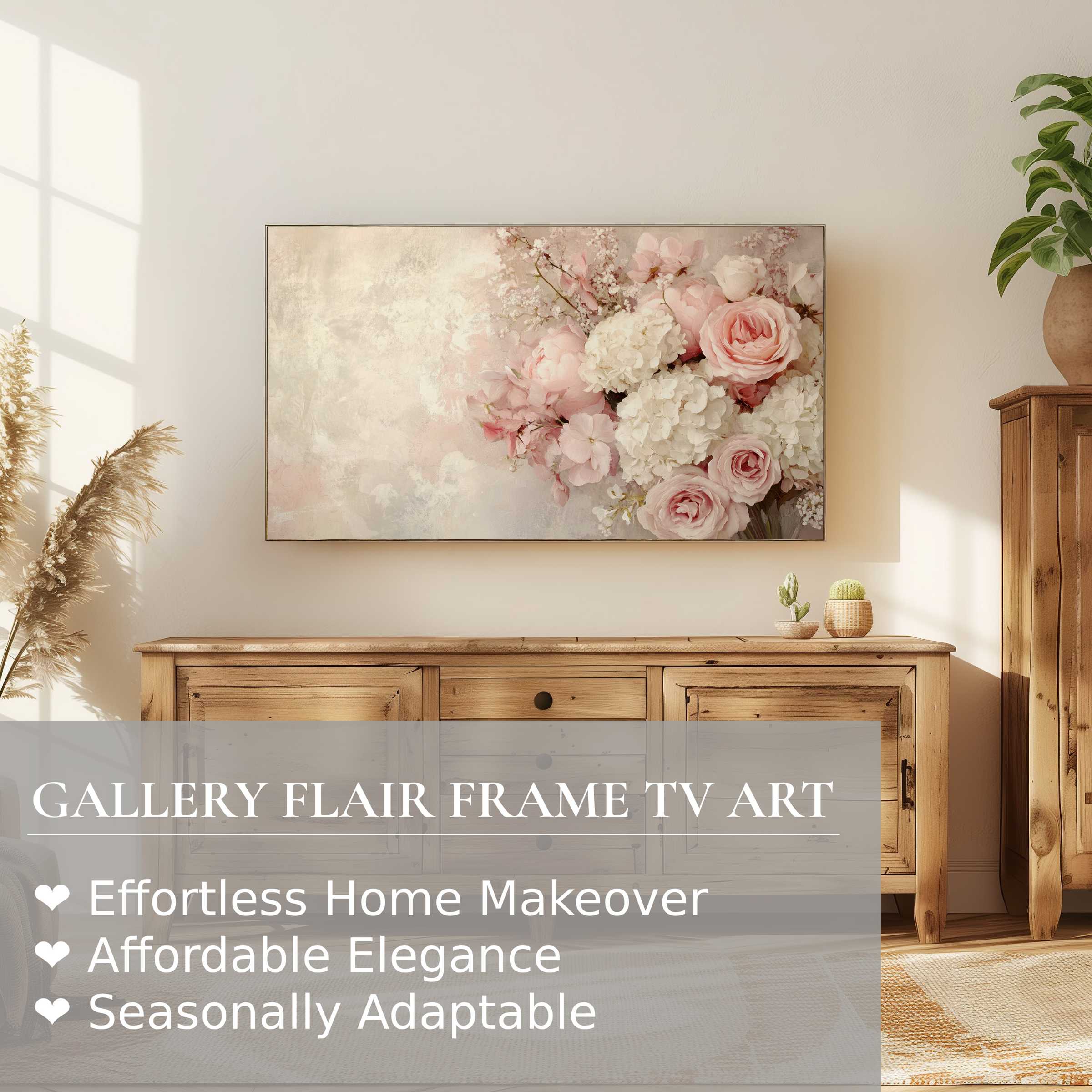 Samsung Frame TV displays soft floral digital artwork in a serene, elegant living room setting with natural wood accents
