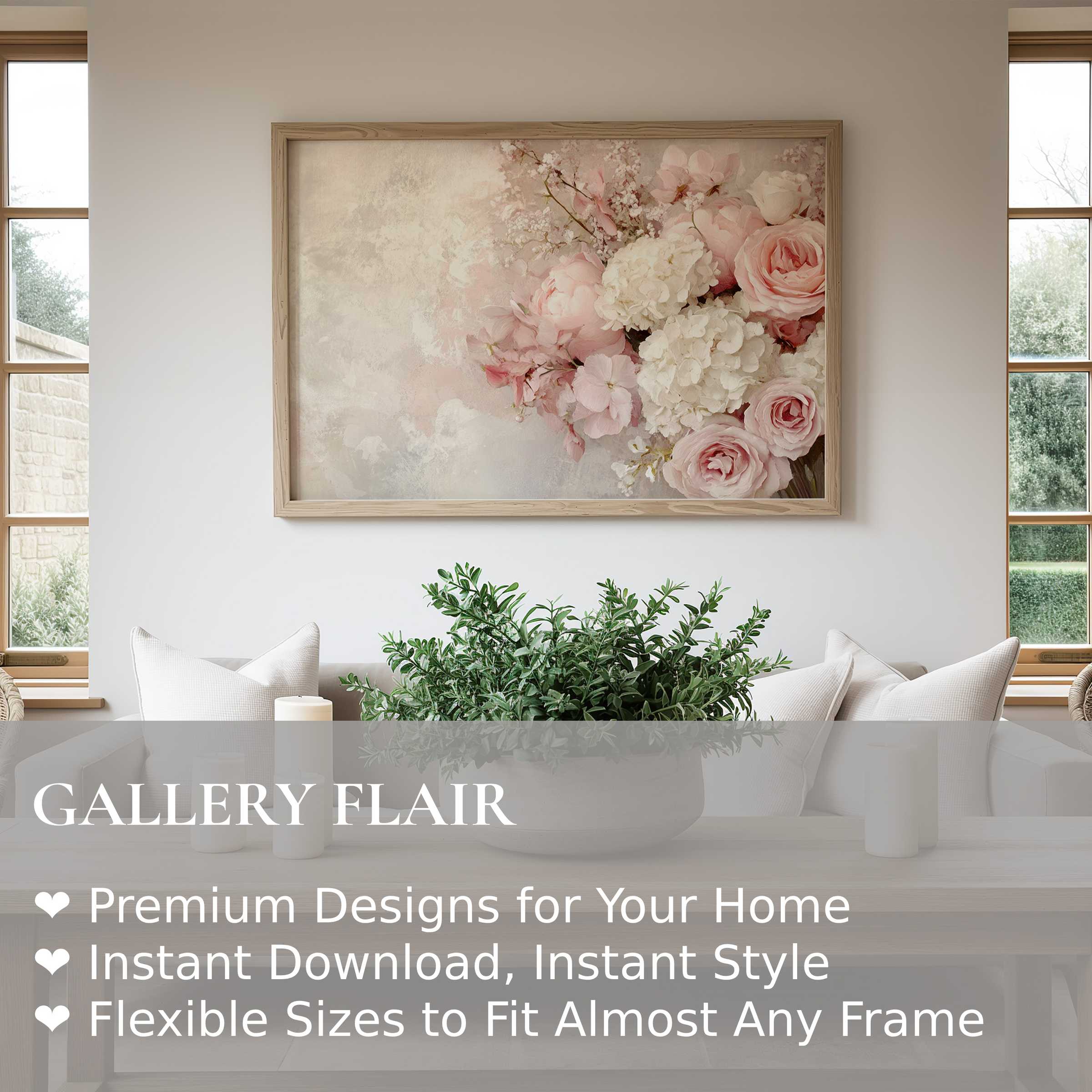 Soft, calming floral wall art print featuring delicate pink roses and white hydrangeas, elevating modern minimalist interiors with refined elegance