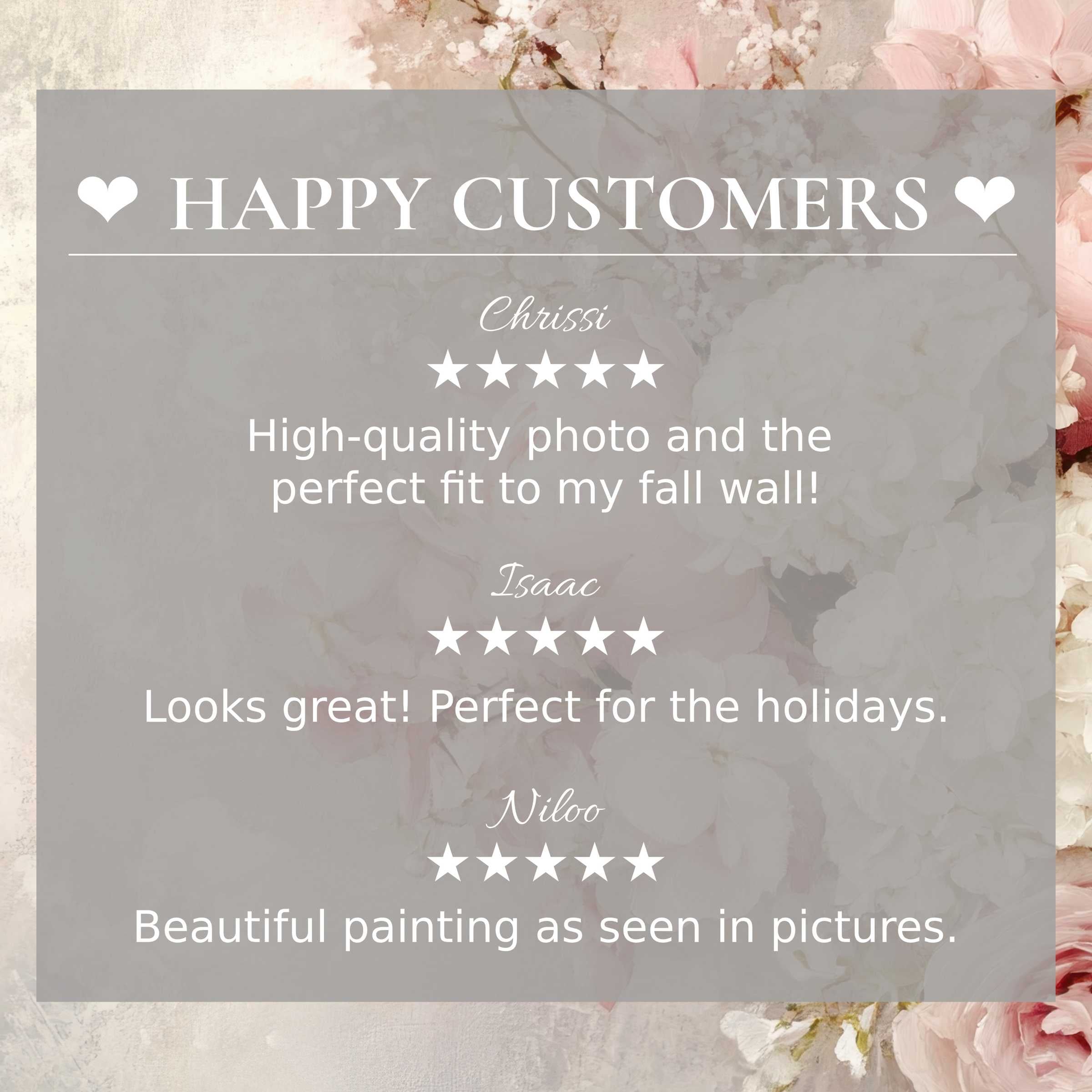 Floral art for Frame TV with abstract sunset hues, featuring a happy customer and trusted elegant reviews
