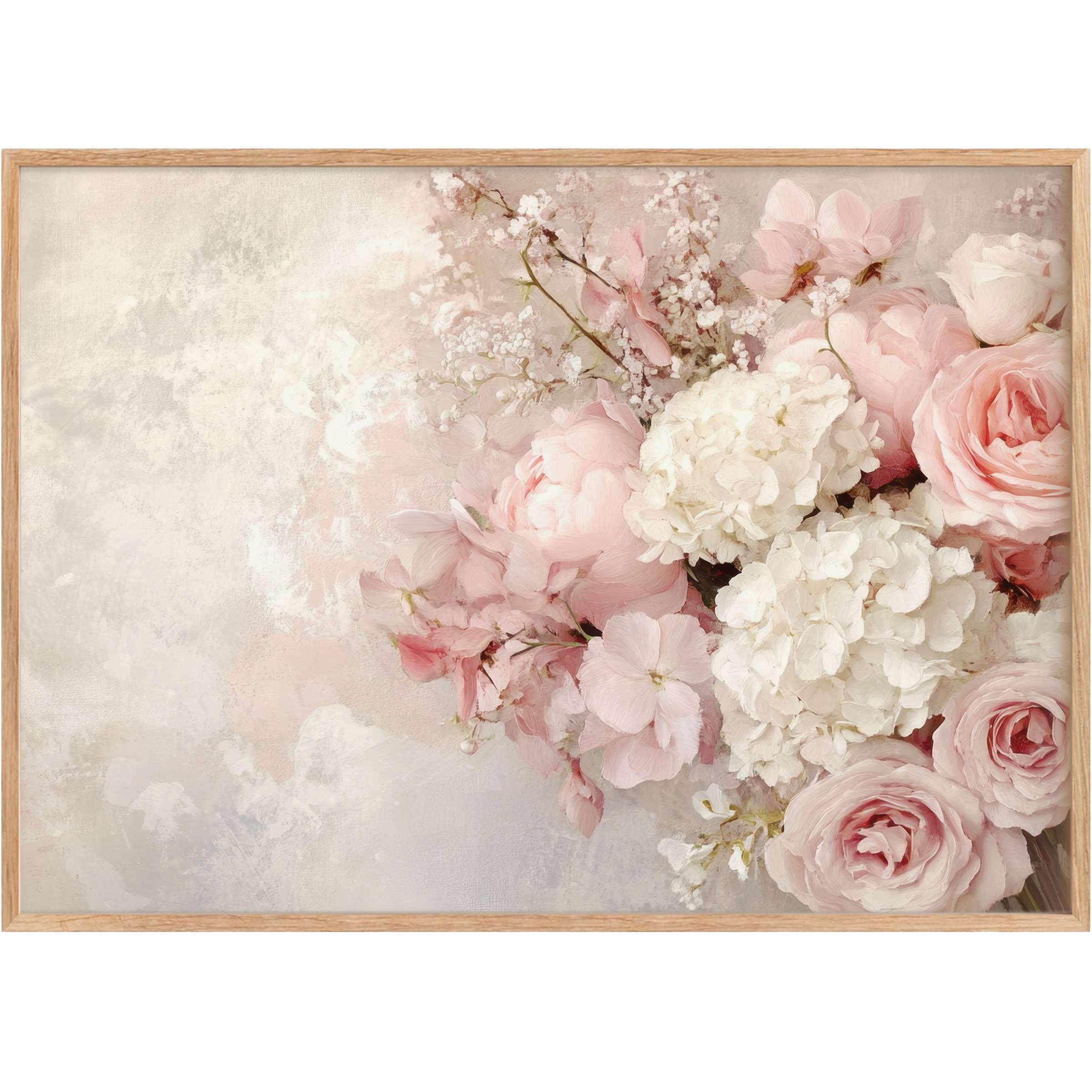 Soft pink roses and creamy white blooms create a radiant, soothing ambiance in this elegant floral printable wall art