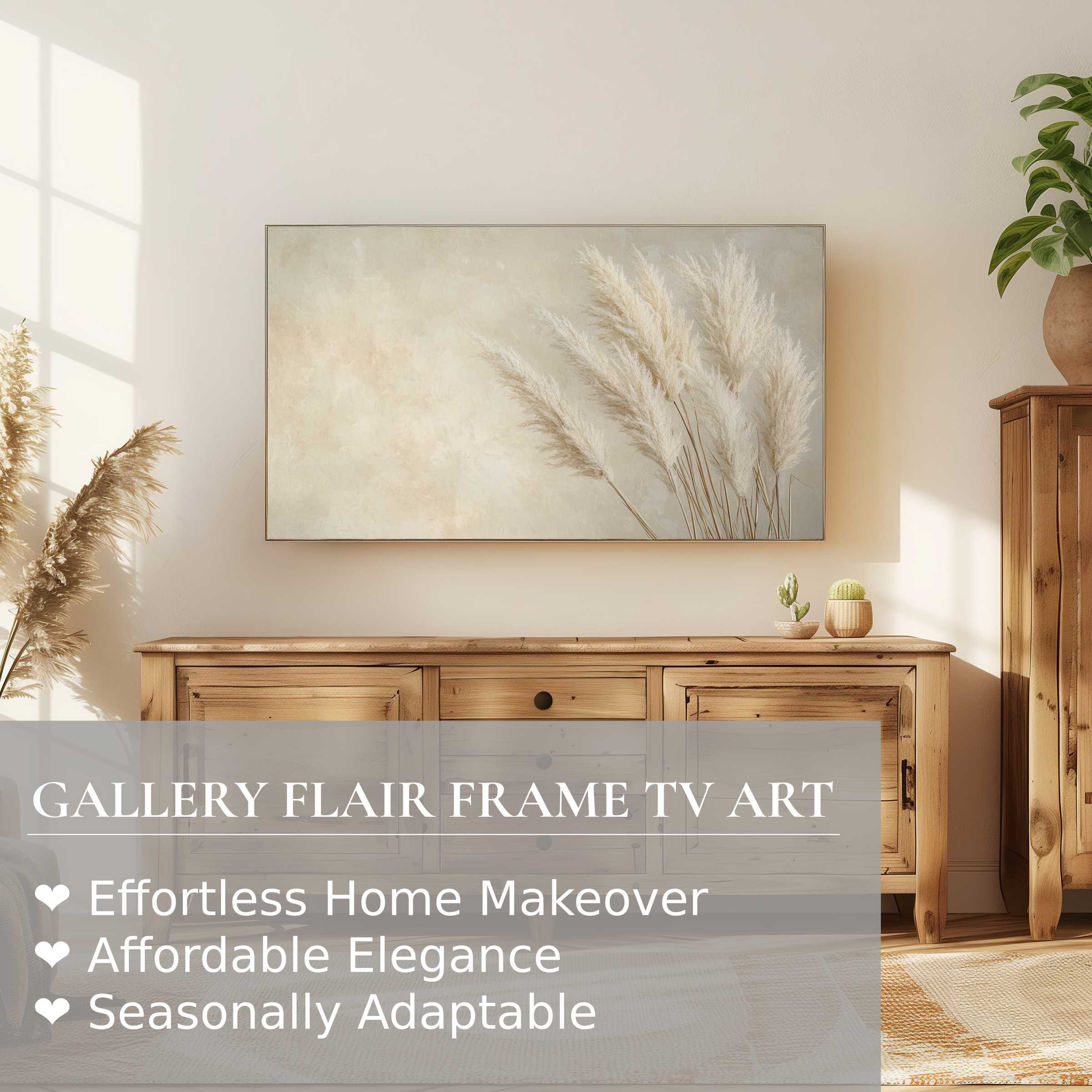 Modern boho digital artwork on Samsung Frame TV showcases pampas grass, enhancing warm natural wood interiors