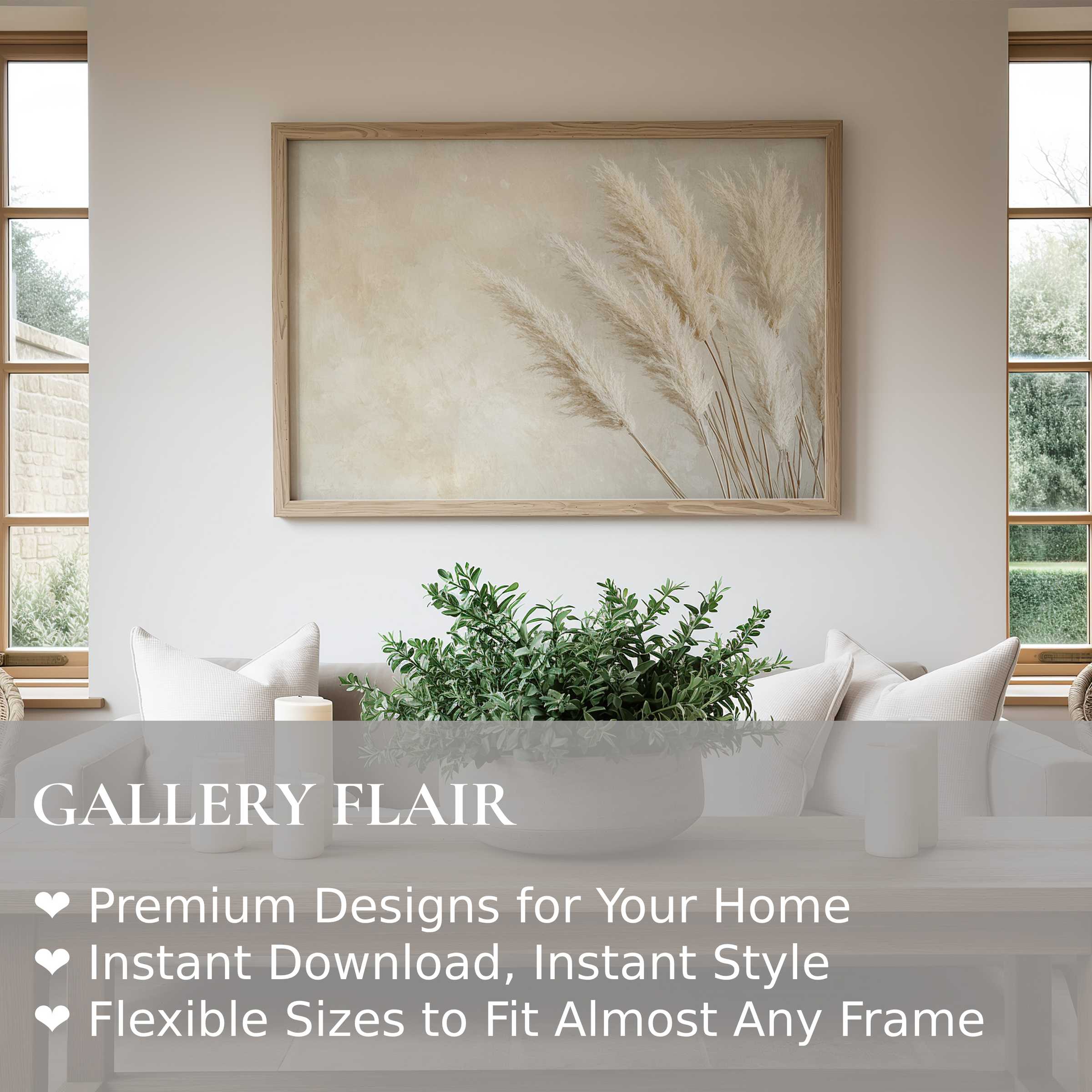 Boho wall art print of soft pampas grass in neutral tones, enhancing serene, modern living spaces with natural elegance
