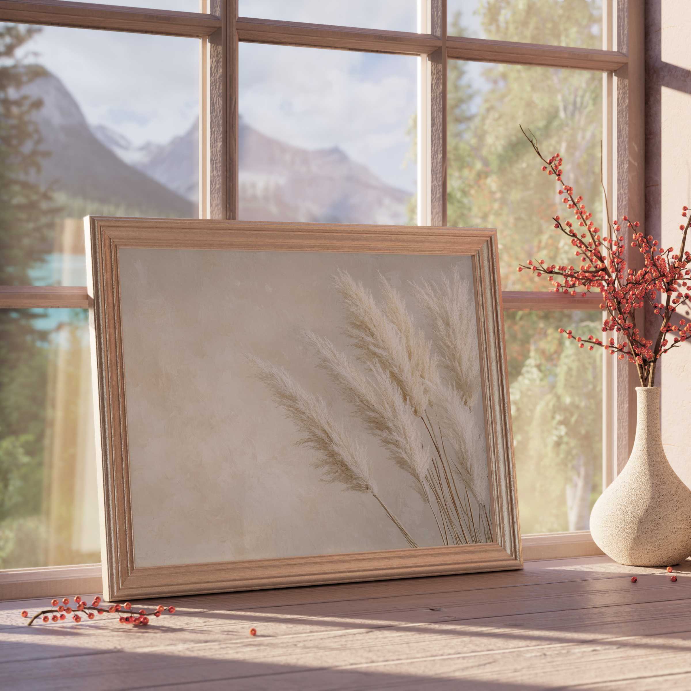 Boho downloadable art featuring soft pampas grass in warm neutrals, enhancing tranquil, curated interiors with natural elegance