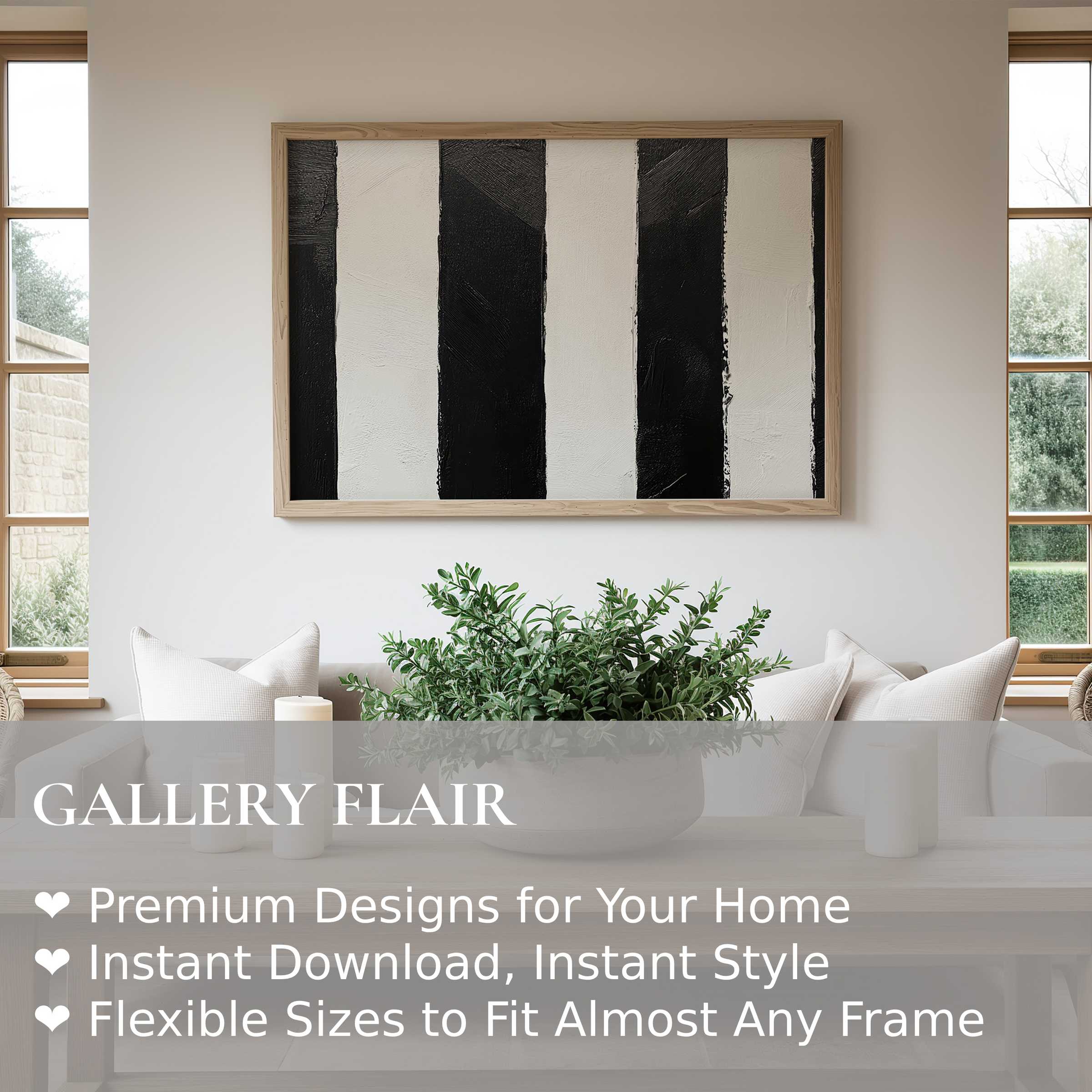 Neutral wall art print with bold black and white stripes enhances modern minimalist living spaces, adding a striking yet calming focal point