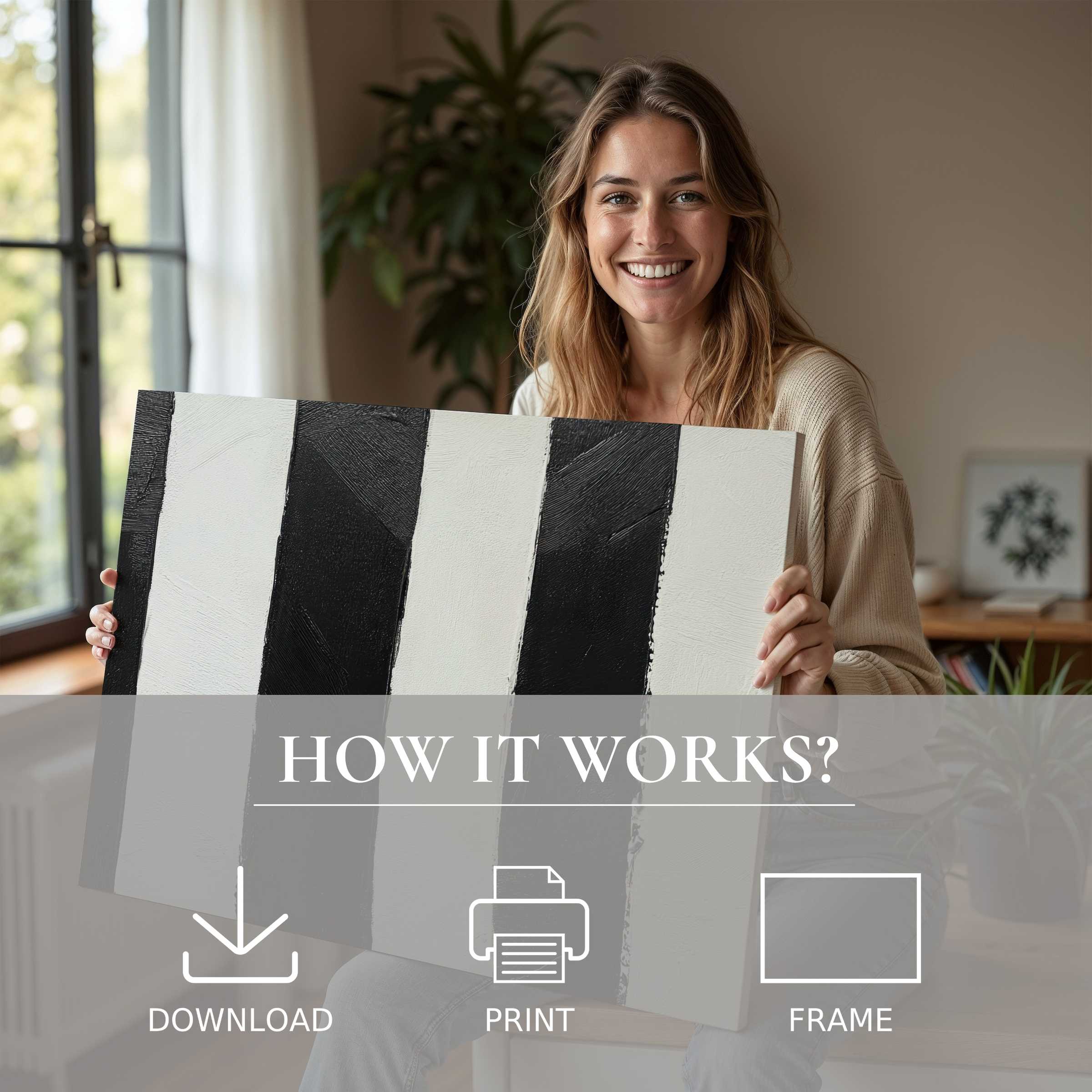 Bright, inviting moment of joy as neutral digital art print enhances a modern home’s serene and stylish ambiance