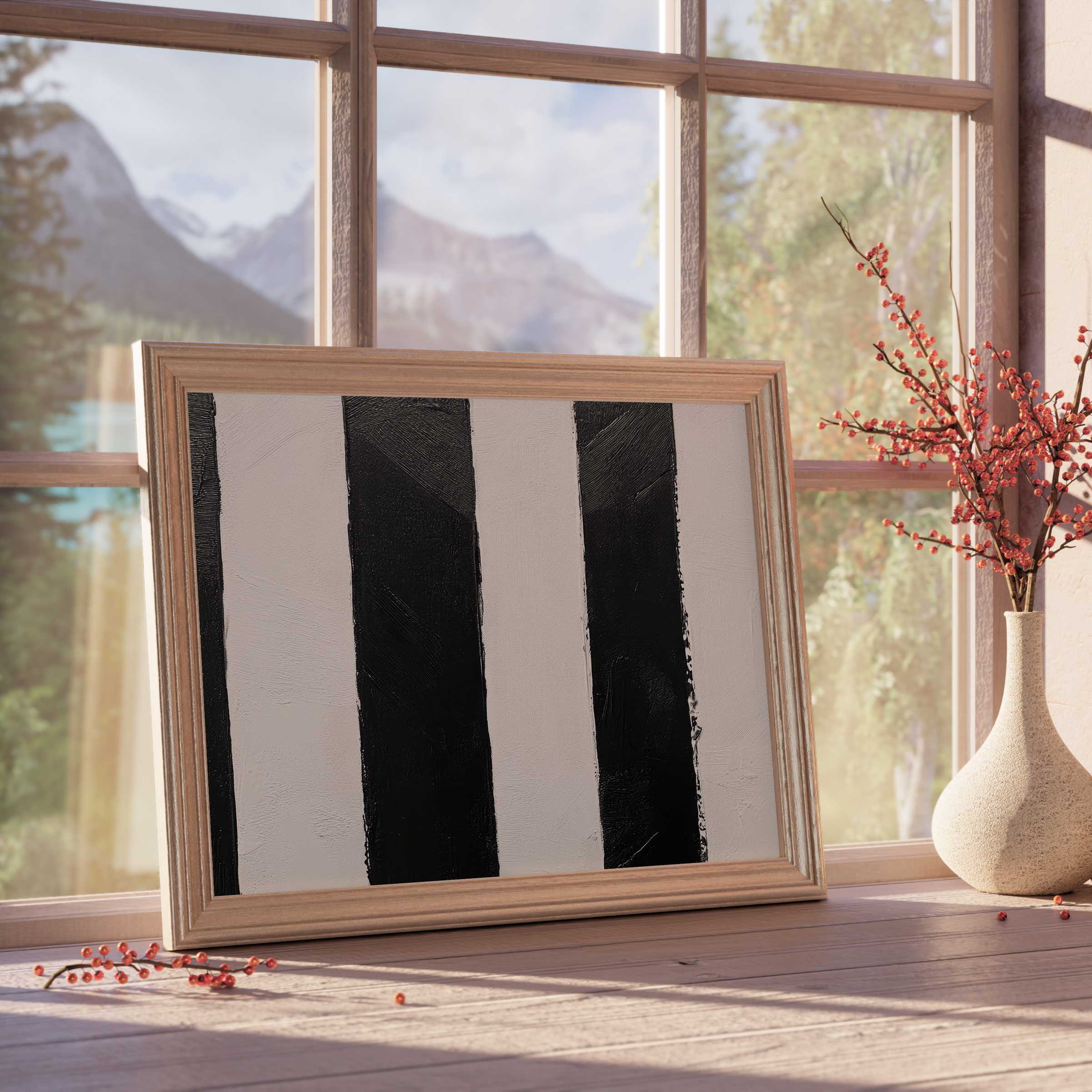 Neutral downloadable art featuring bold black and warm beige stripes, perfect for curated, tranquil, design-forward interiors