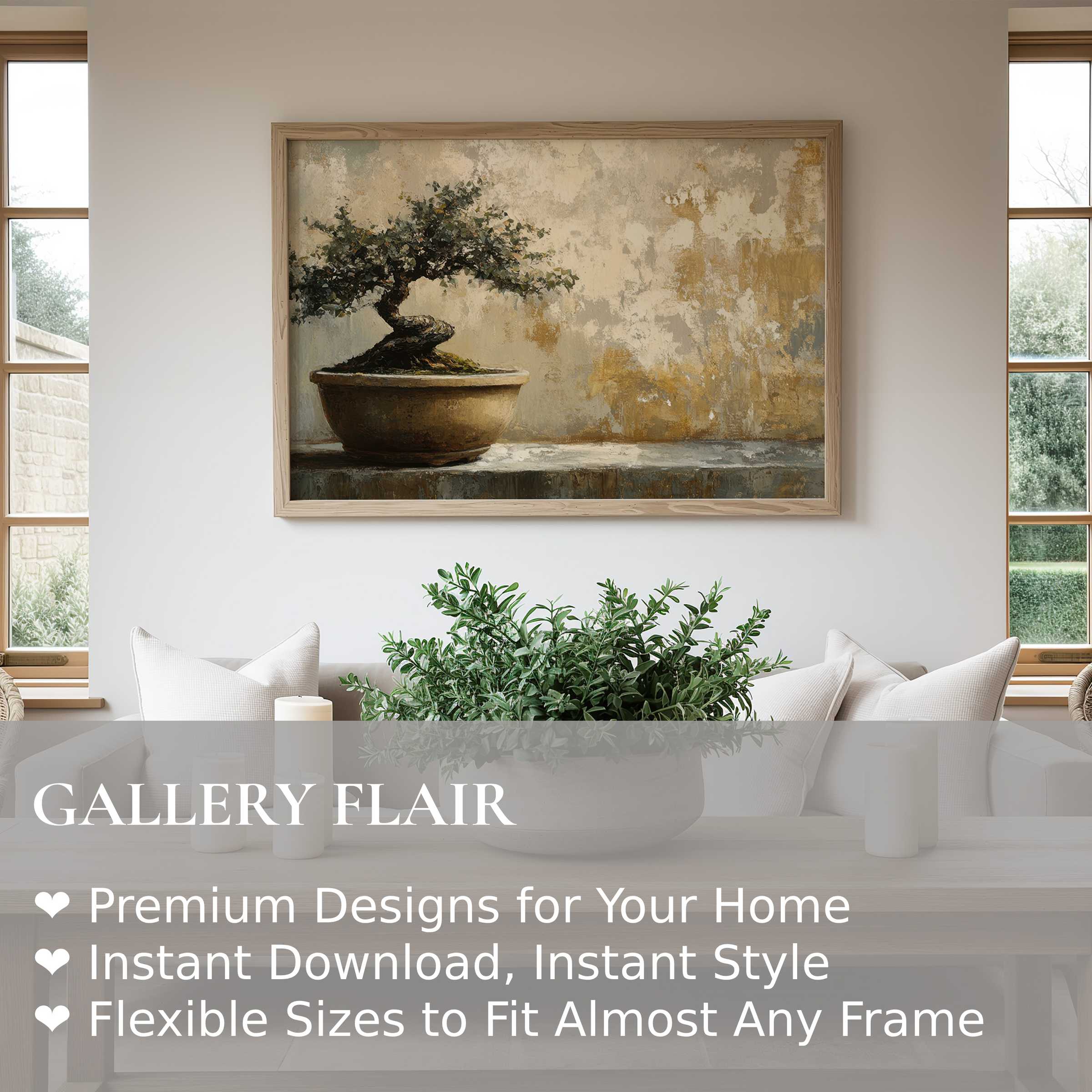 Botanical wall art print featuring a serene bonsai tree with muted earth tones, enhancing modern minimalist interiors with calming natural elegance