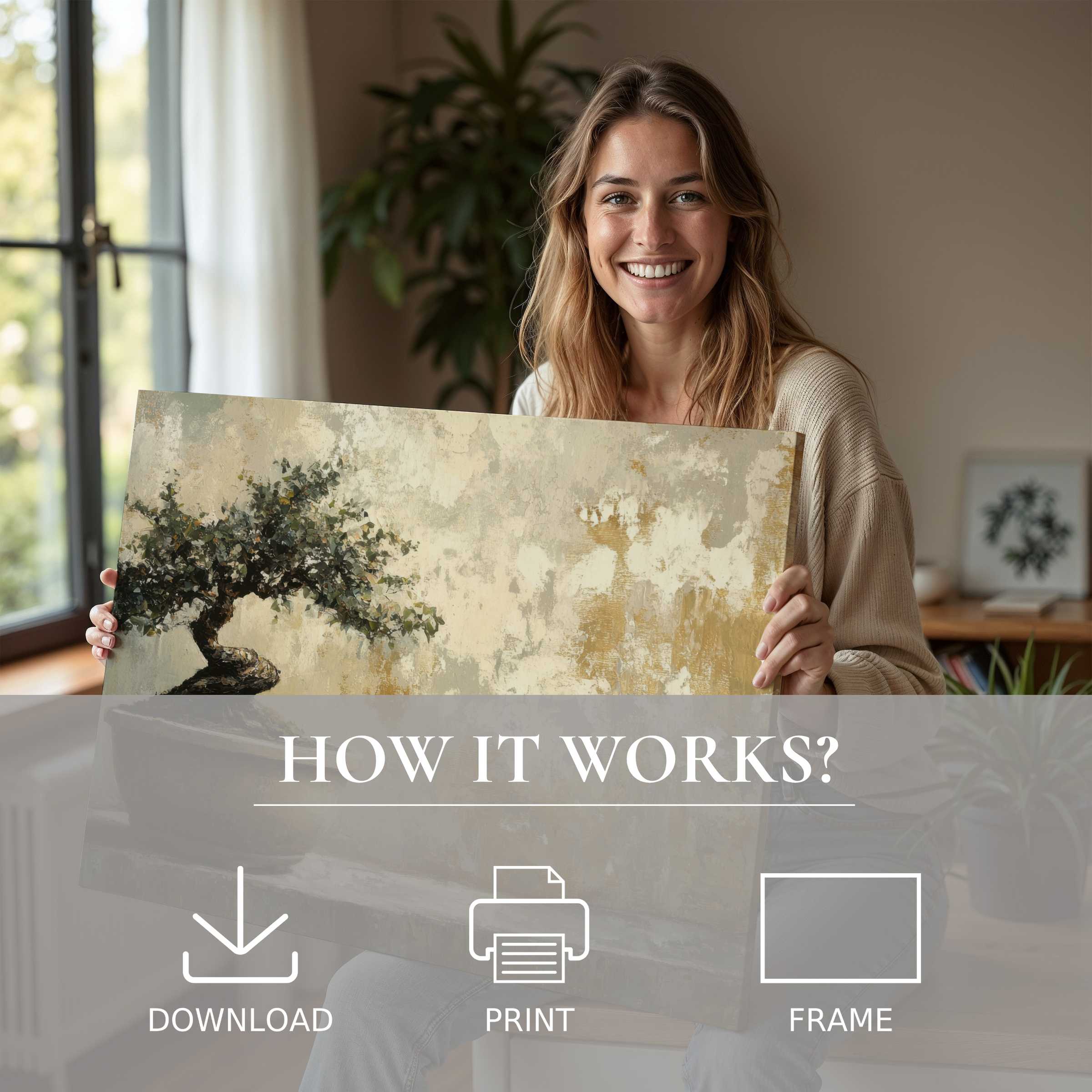 A woman radiates joy as she unveils a botanical digital art print, inviting serene elegance and effortless beauty into modern living