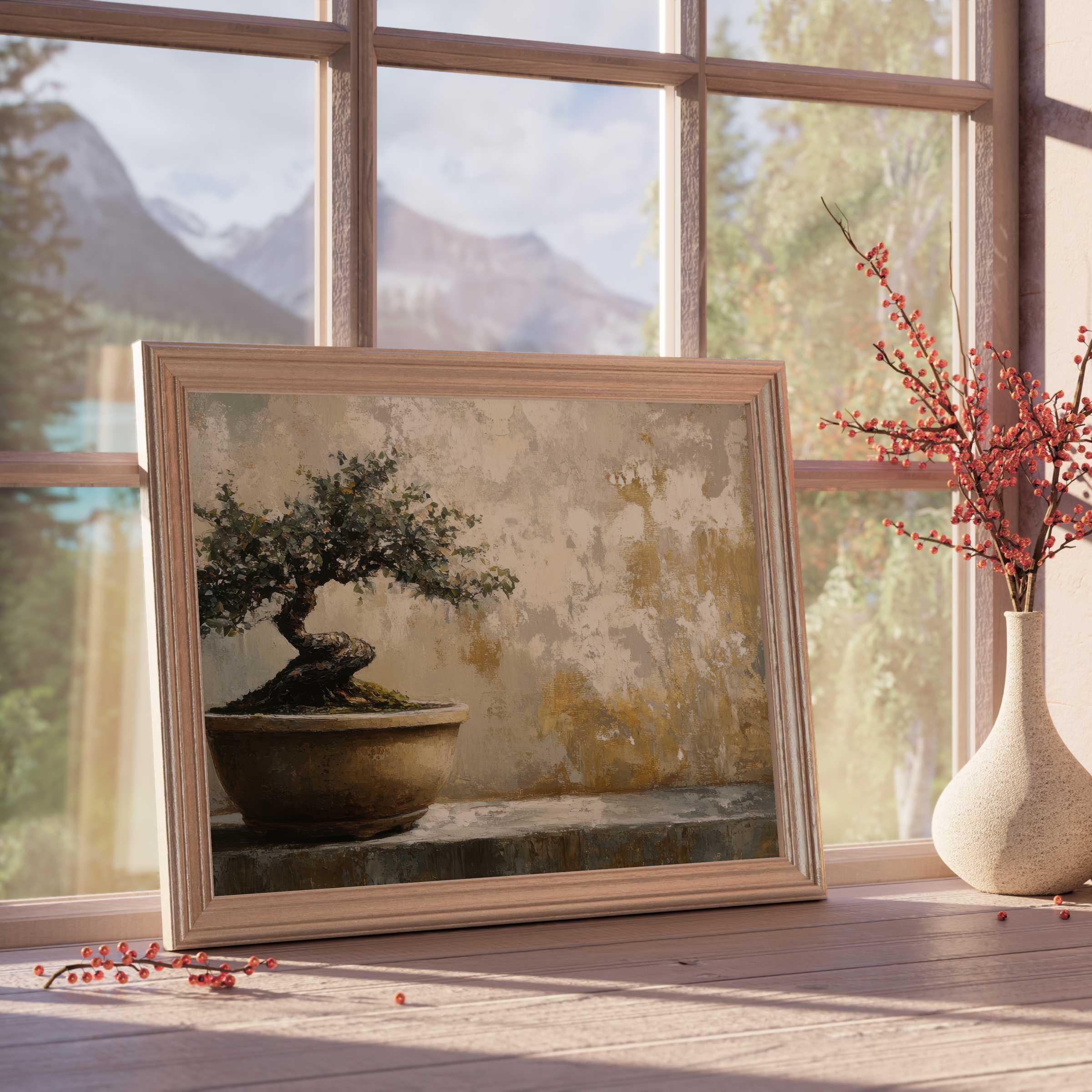 Botanical downloadable art capturing a serene bonsai scene, enhancing tranquil, curated interiors with timeless elegance