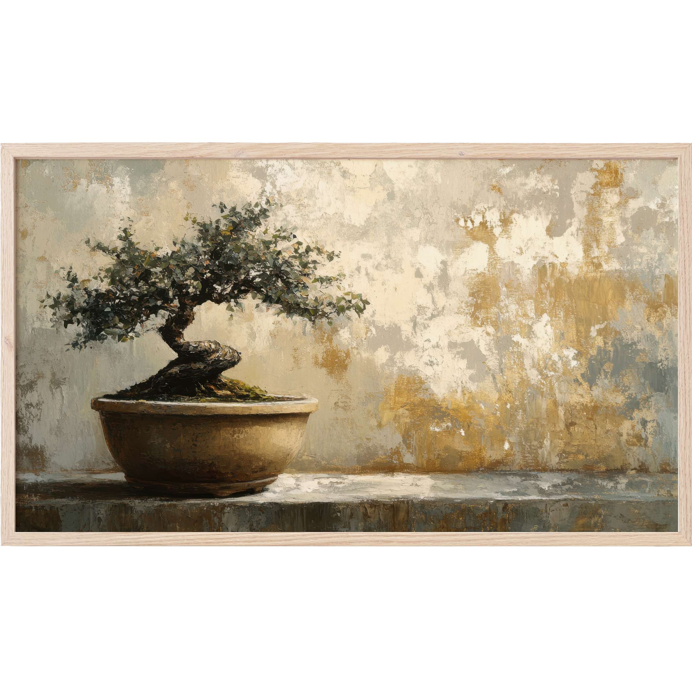 Elegant botanical Frame TV Art depicting a textured bonsai pot against a warm, abstract ochre and beige backdrop