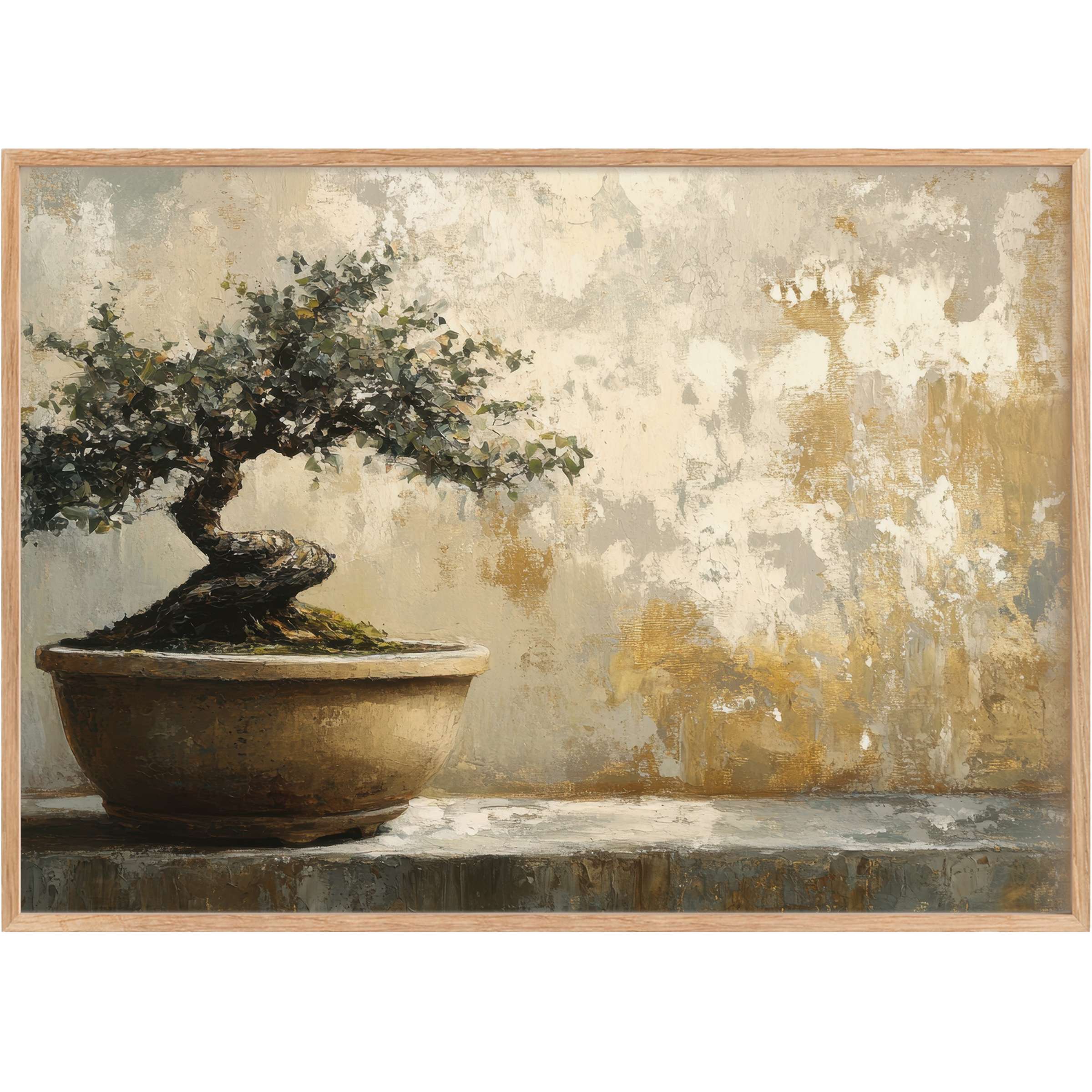 Graceful bonsai silhouette in earthy browns and muted greens creates a calming, timeless mood in botanical printable wall art