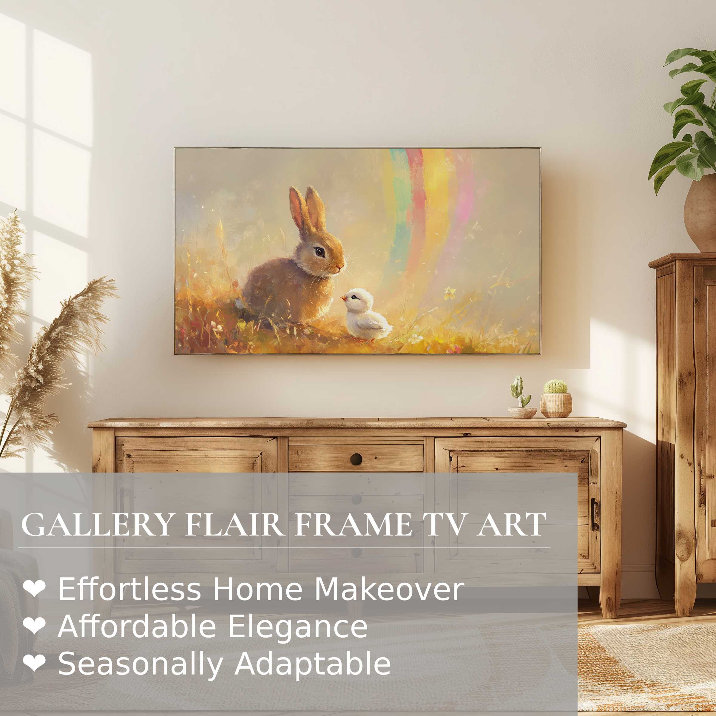 Elegant spring scene with bunny and chick, soft hues on Samsung Frame TV; premium easter digital artwork for refined decor