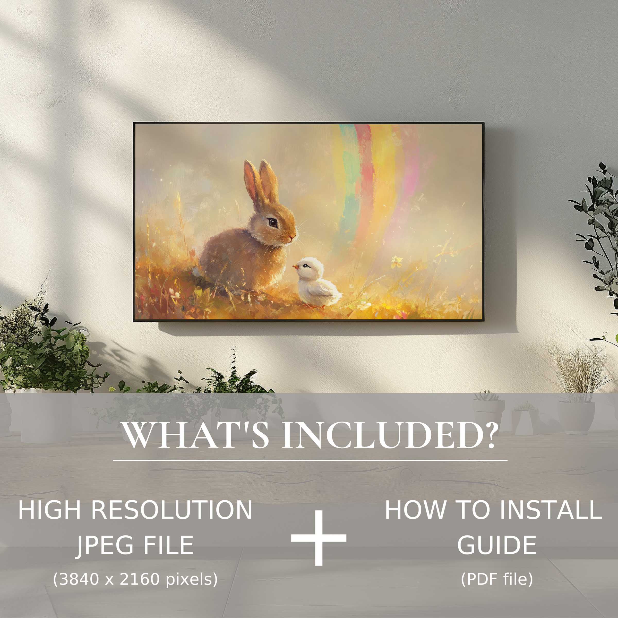 Elegant easter digital TV art download enhances modern space with warm bunny and chick scene, effortlessly elevating decor