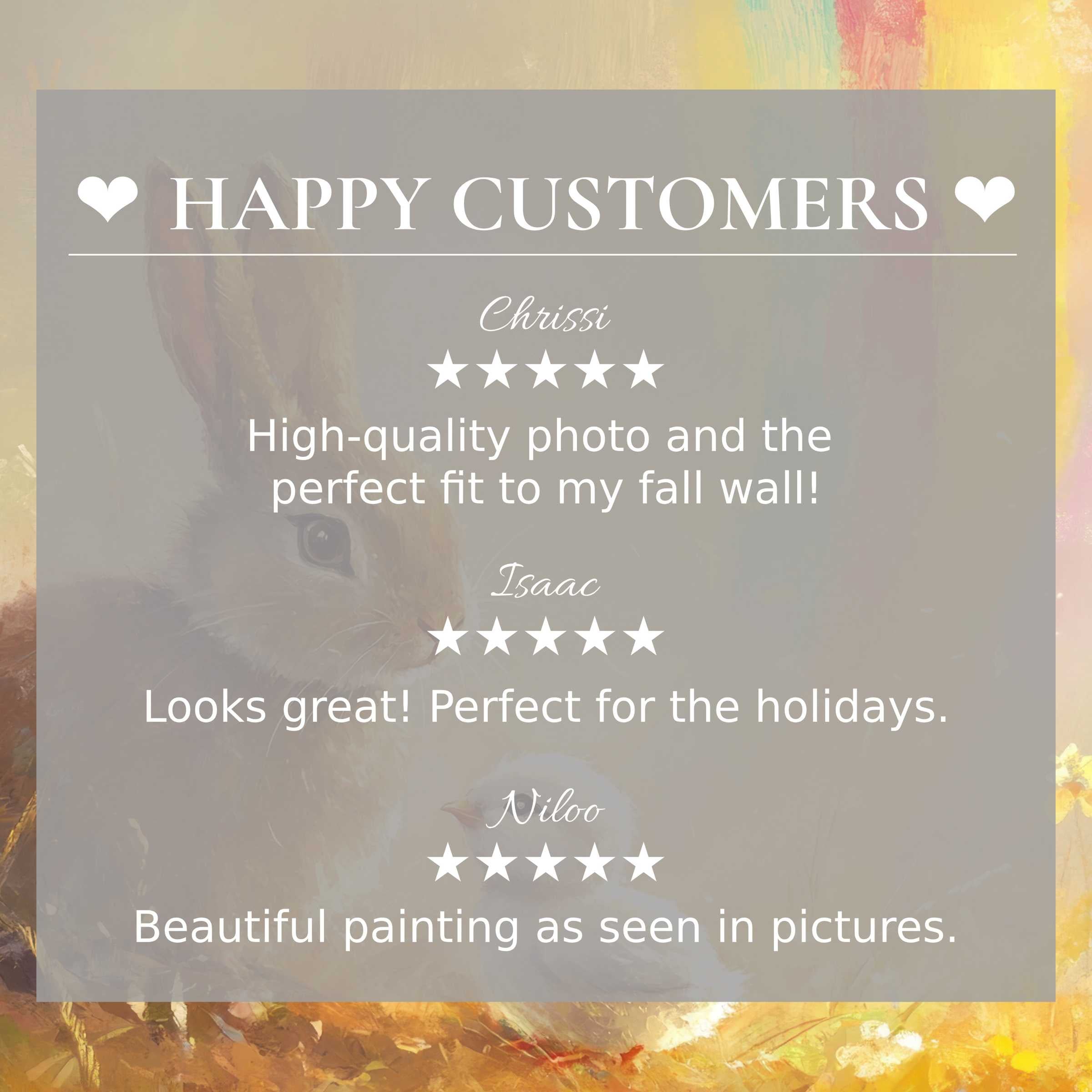 Easter art for Frame TV with abstract sunset hues; layout displays happy customer reviews, evoking trust and elegance