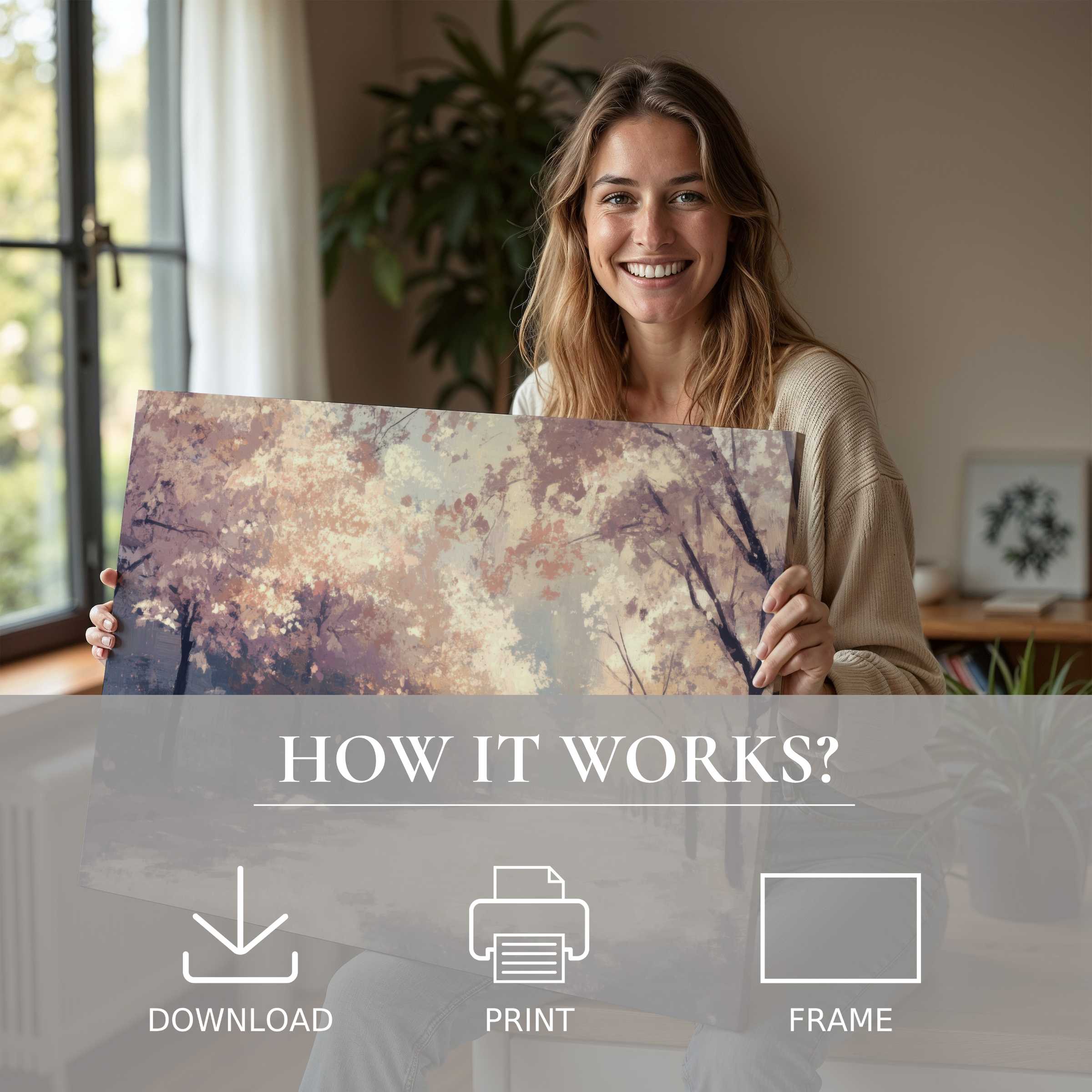 A serene spring digital art print transforms a modern home, capturing joy and connection in effortless elegance