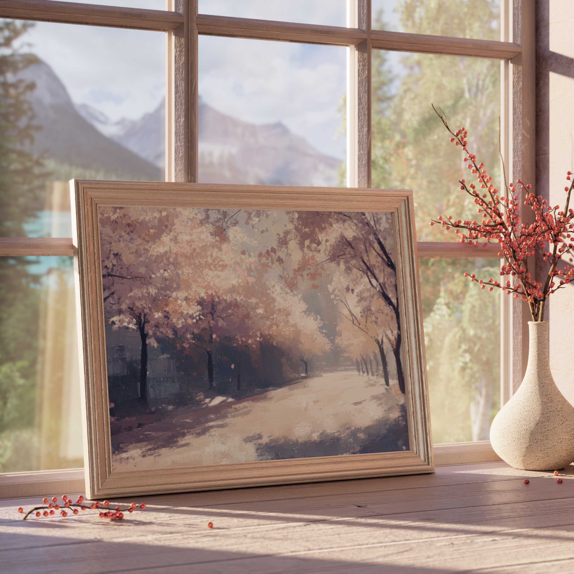 Serene spring downloadable art featuring a soft pastel tree-lined path, perfect for curated, tranquil interiors